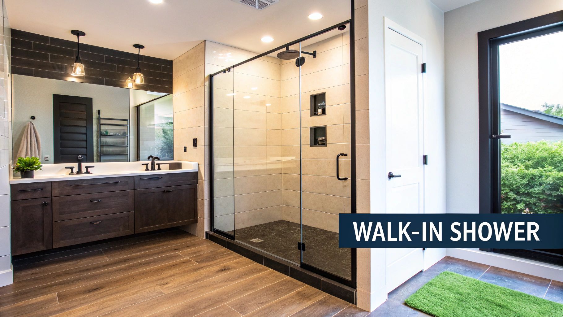 A sleek, modern walk-in shower featuring a frameless glass enclosure and a sophisticated black shower system.