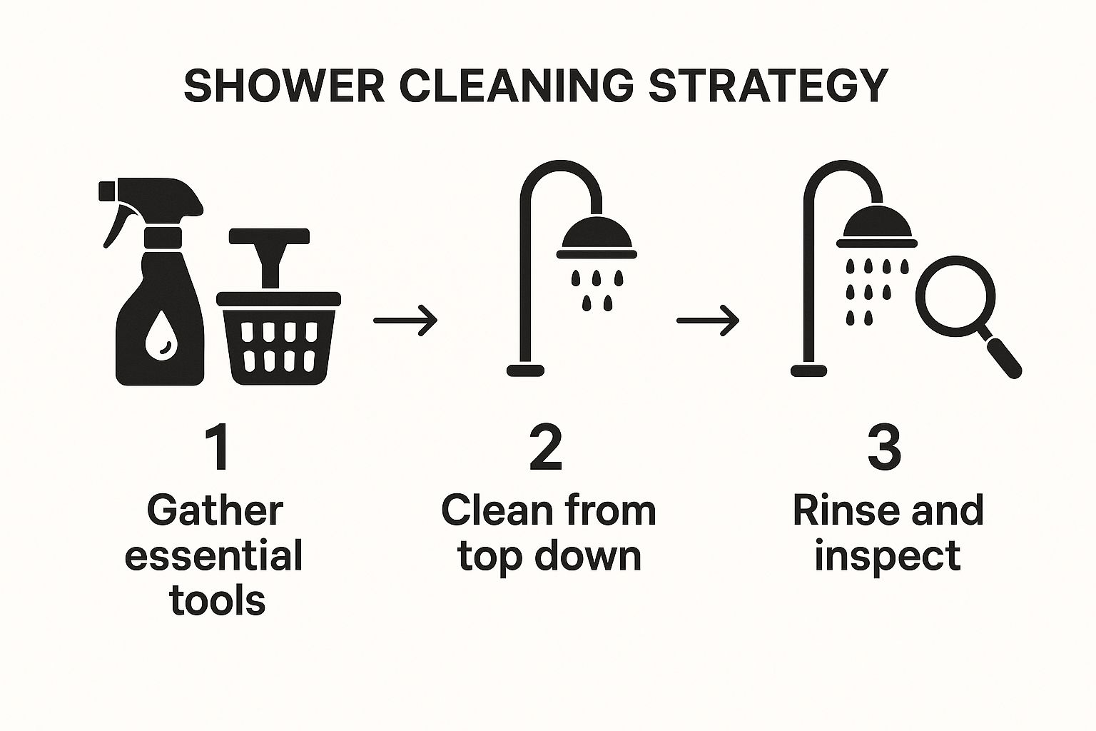 An infographic illustrating a three-step shower cleaning strategy: Step 1, gathering tools; Step 2, cleaning from the top down; Step 3, rinsing and inspecting.