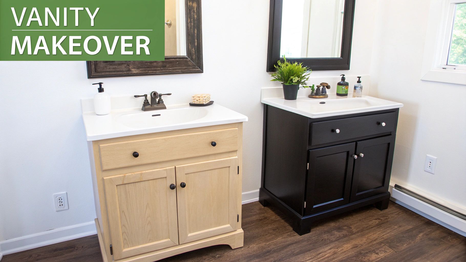A stylish bathroom featuring a geometric peel-and-stick tile backsplash behind the vanity.