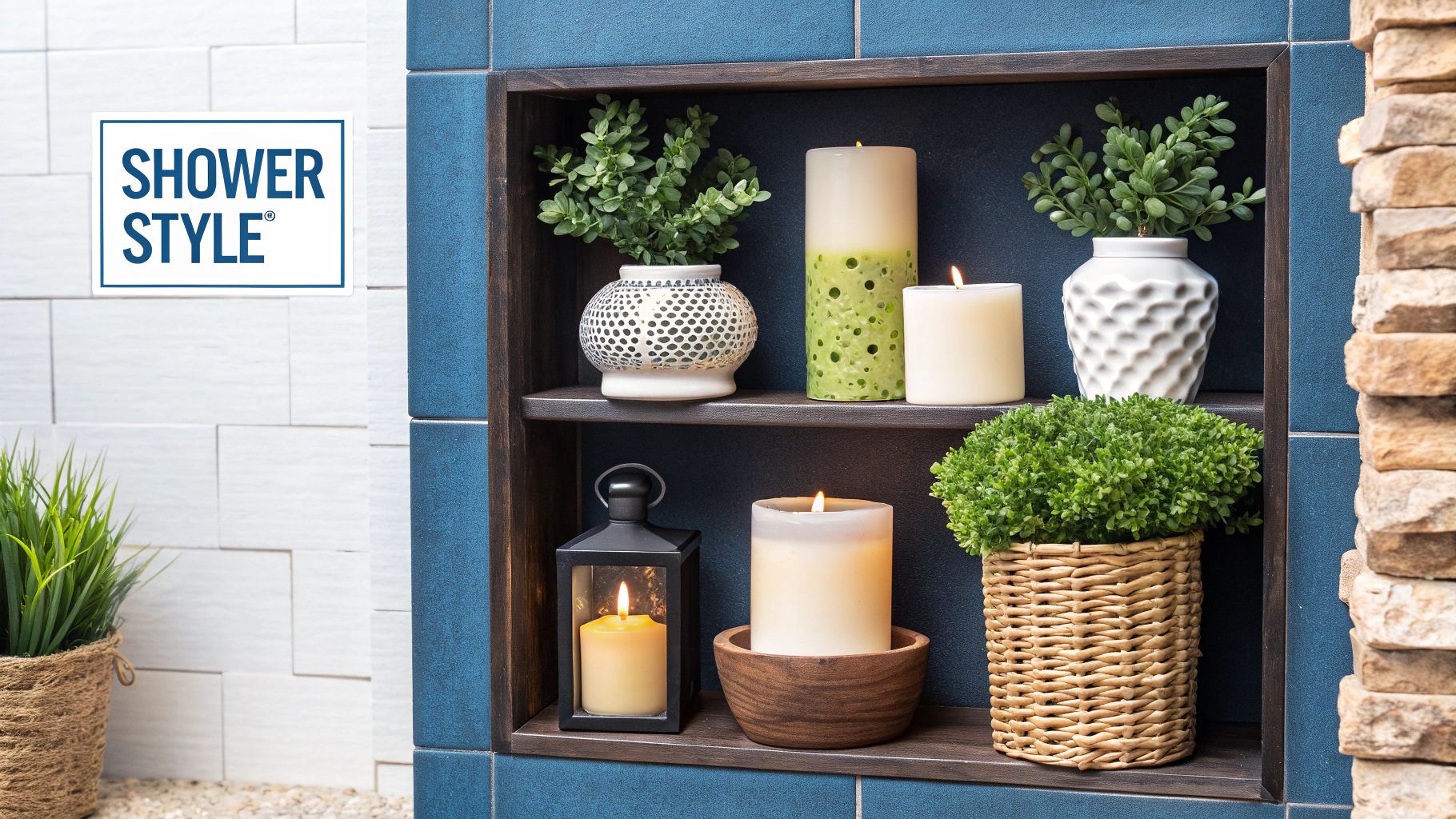 A woman lights a candle in a serene bathroom setting before her everything shower.