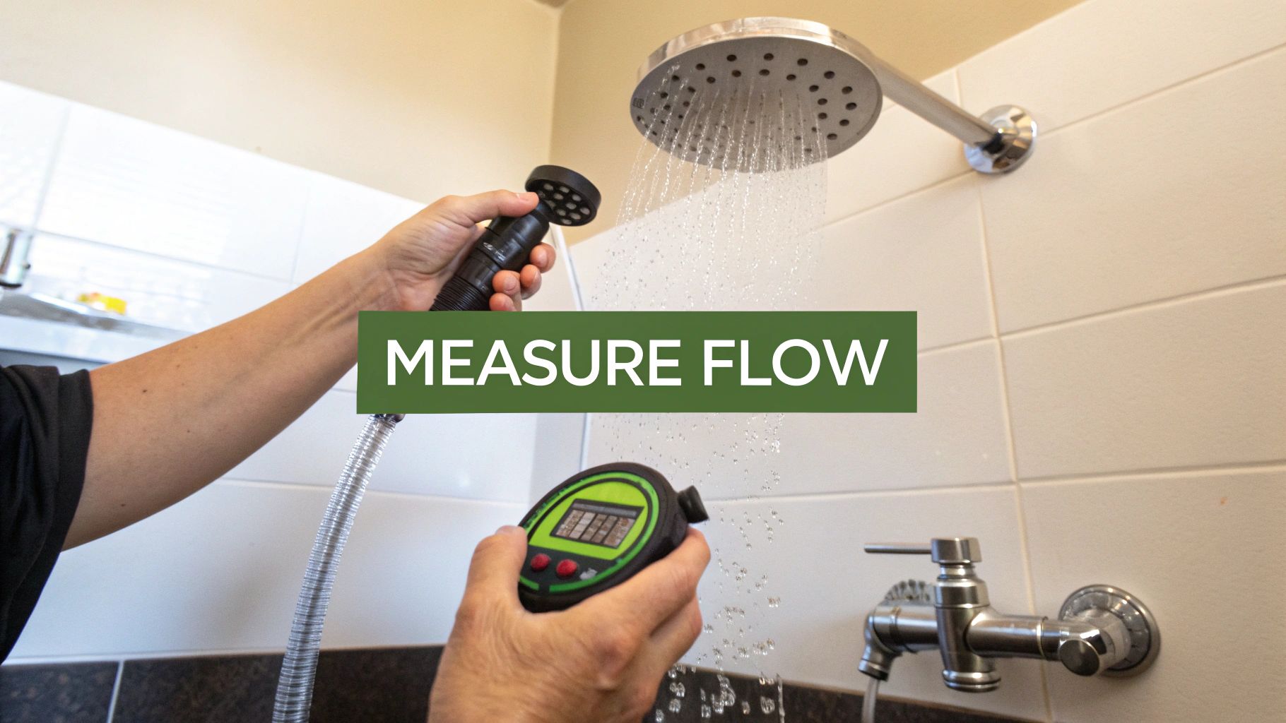 A person using a bucket and stopwatch to measure their shower's flow rate.