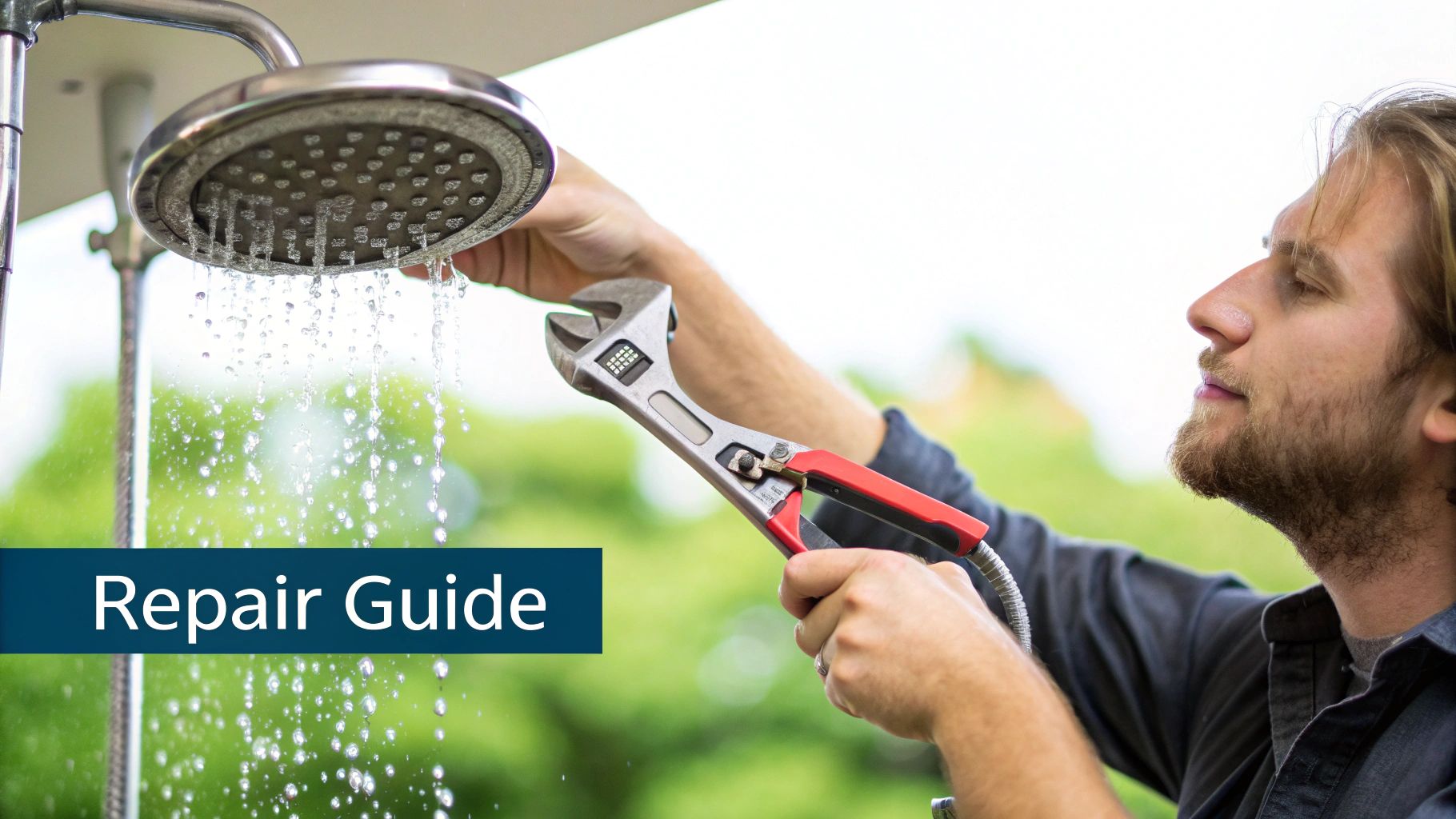A modern rain shower head with some visible limescale buildup on the nozzles.