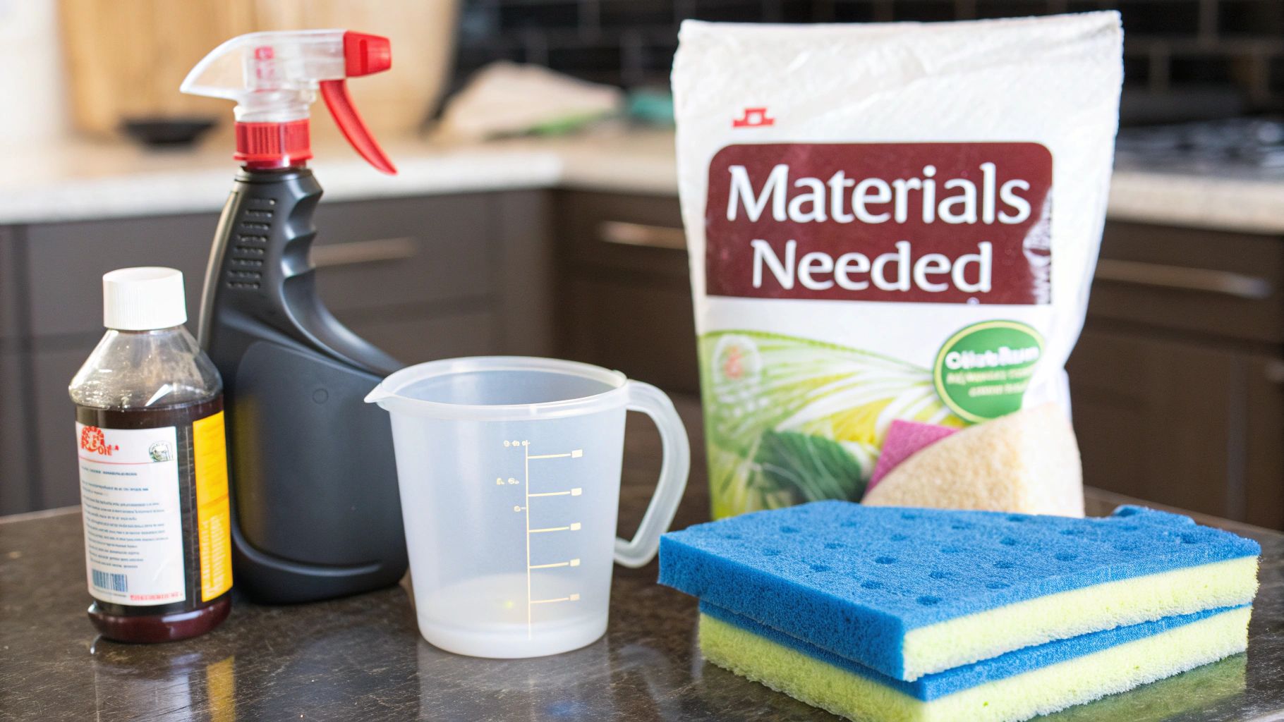 A collection of cleaning supplies including white vinegar, a plastic bag, a rubber band, and a small brush.