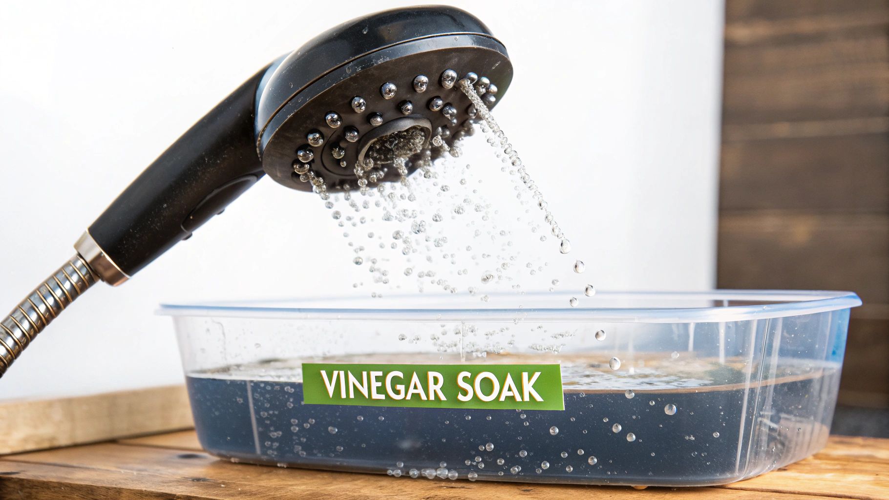 A person rinsing a freshly cleaned shower head under running water, showing the final step of the cleaning process.