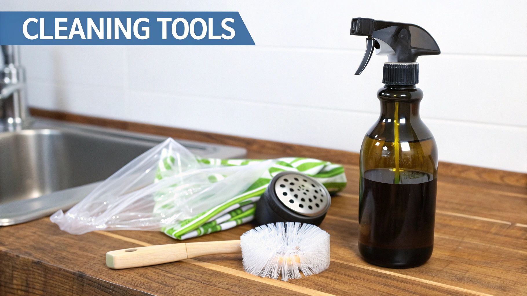 A plastic bag filled with vinegar secured around a shower head to soak.