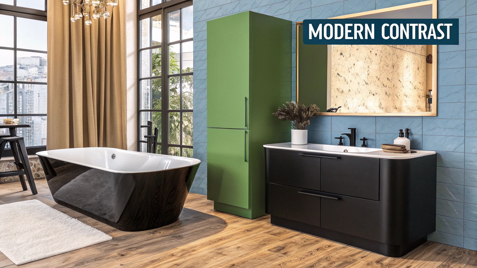 A luxurious green and black bathroom with dark green tiles and sleek black fixtures.