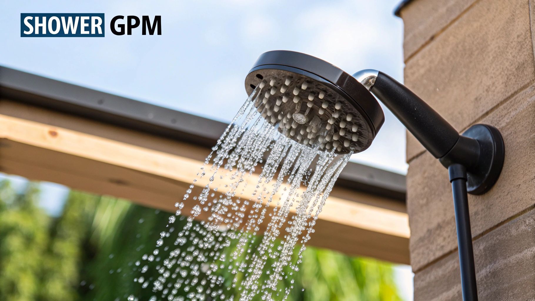 A shower head with water spraying out, illustrating the concept of GPM.