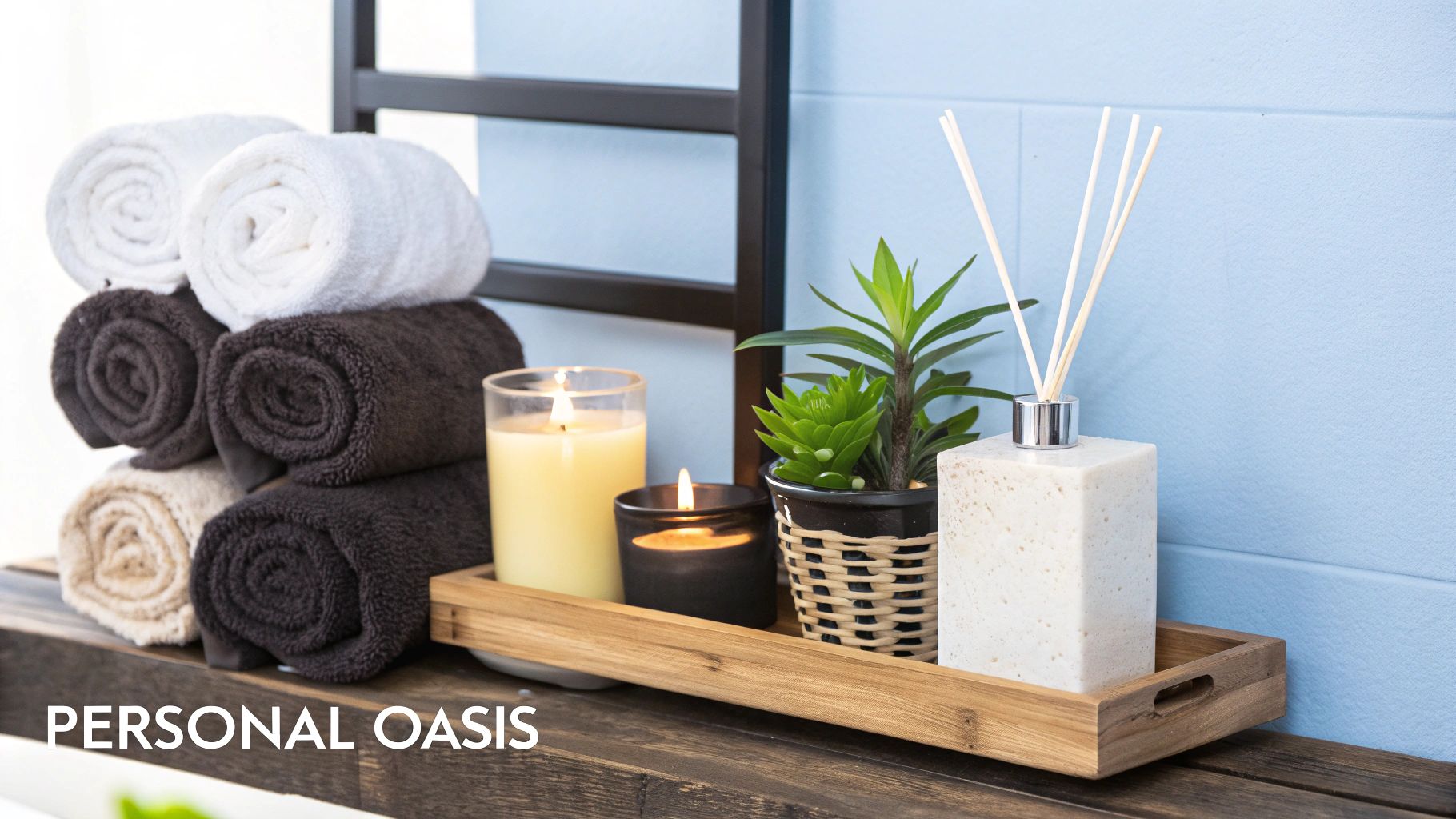 Plush towels and natural wood accessories in a serene spa bathroom setting.