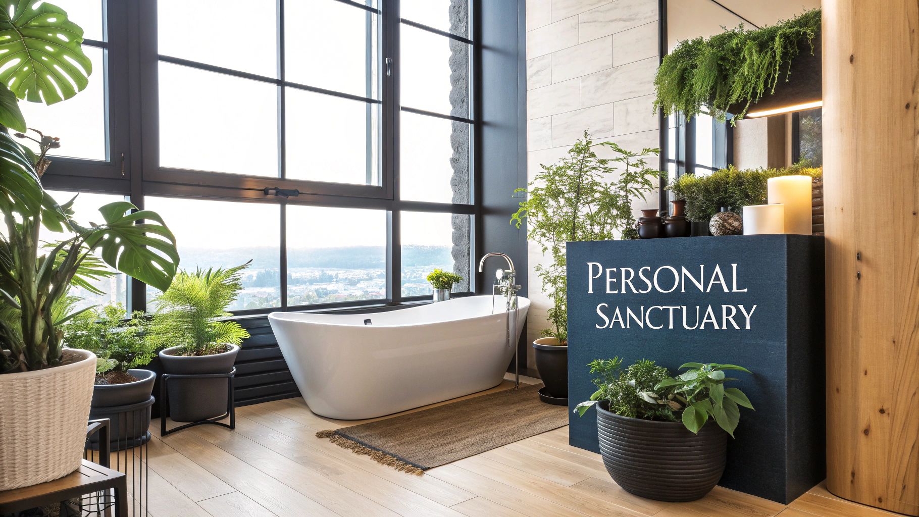 A modern, refined bathroom featuring a large window, a freestanding tub, and natural elements.