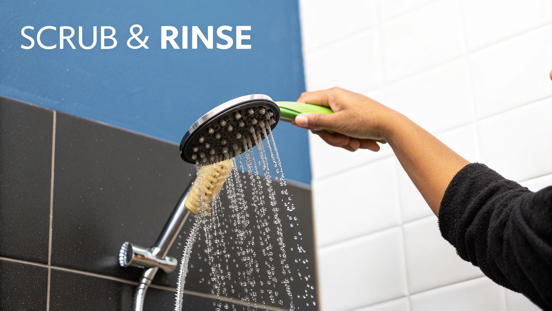 A person smiling as they enjoy a powerful shower from a clean shower head.