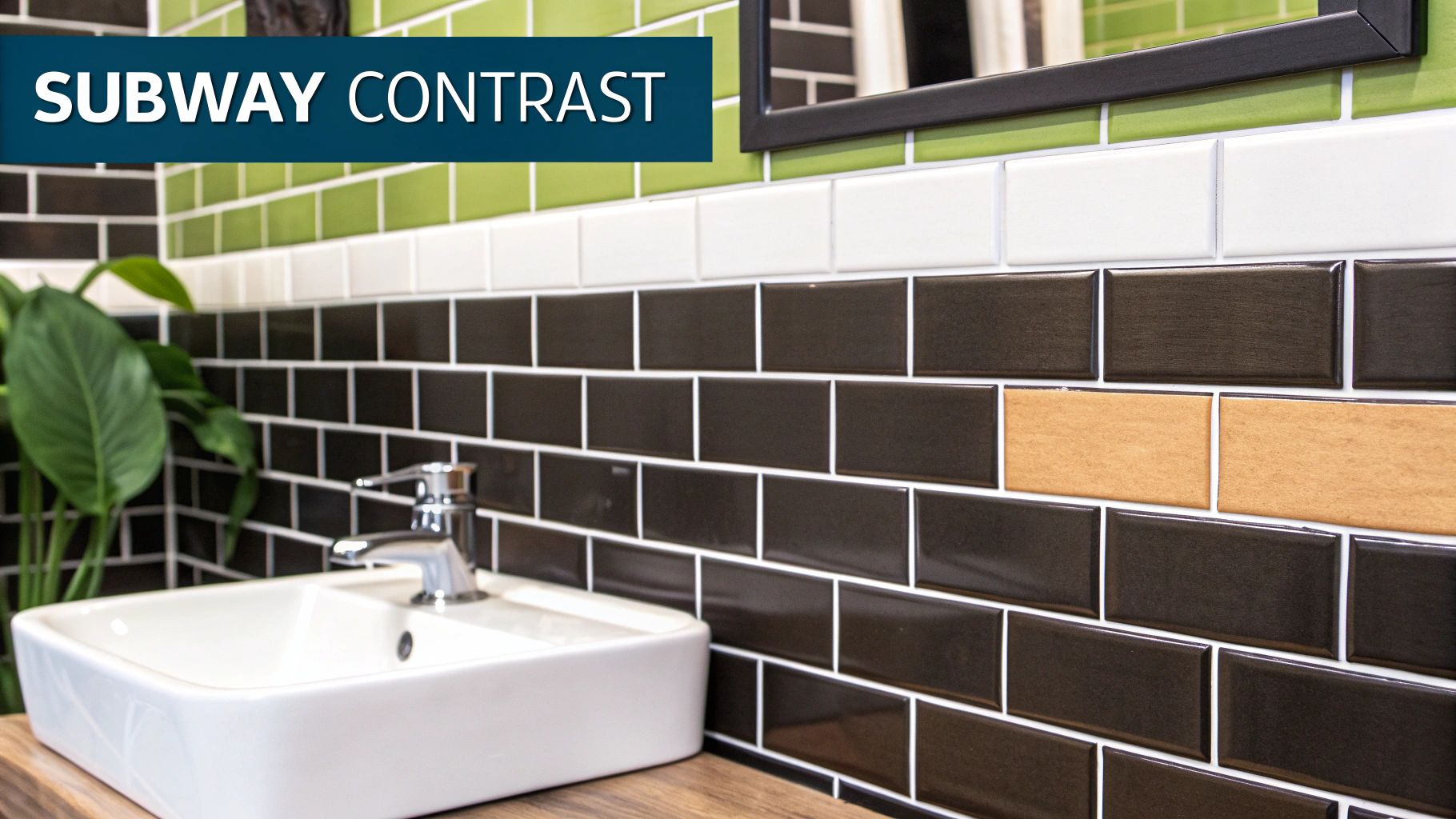 A modern bathroom featuring white subway tiles with contrasting black grout on the walls, paired with a sleek black vanity and a round mirror.