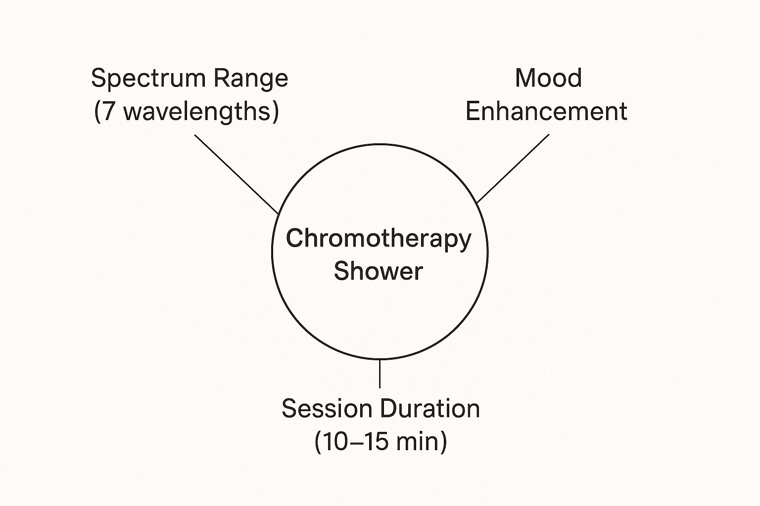 An infographic illustrating how different colors in a chromotherapy shower can affect mood and energy levels.