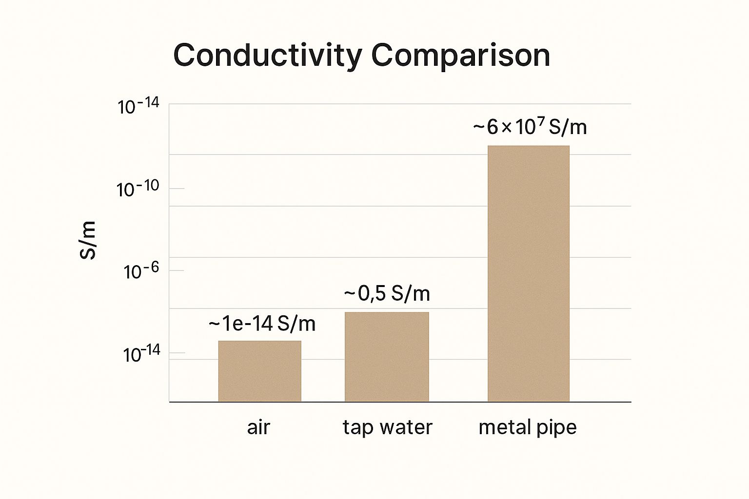 Infographic comparing the conductivity of air, tap water, and metal pipes.