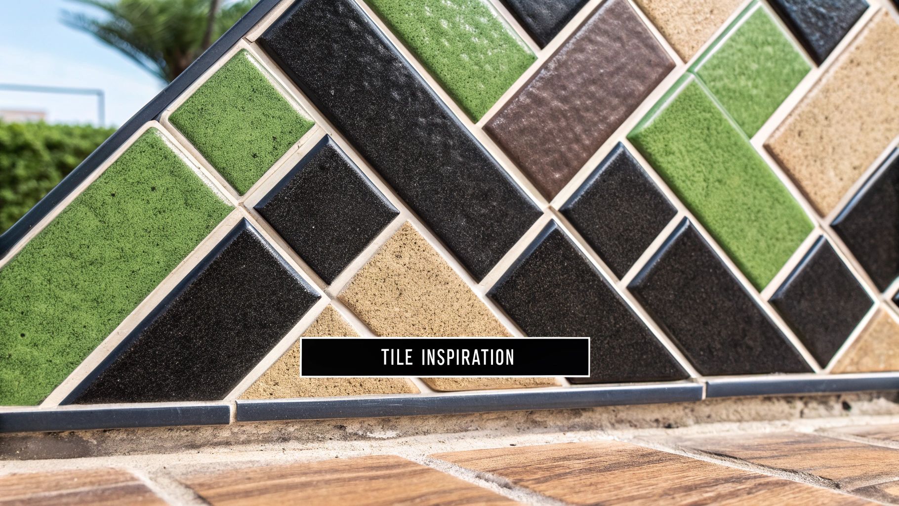A modern bathroom featuring green zellige tiles and black countertops.