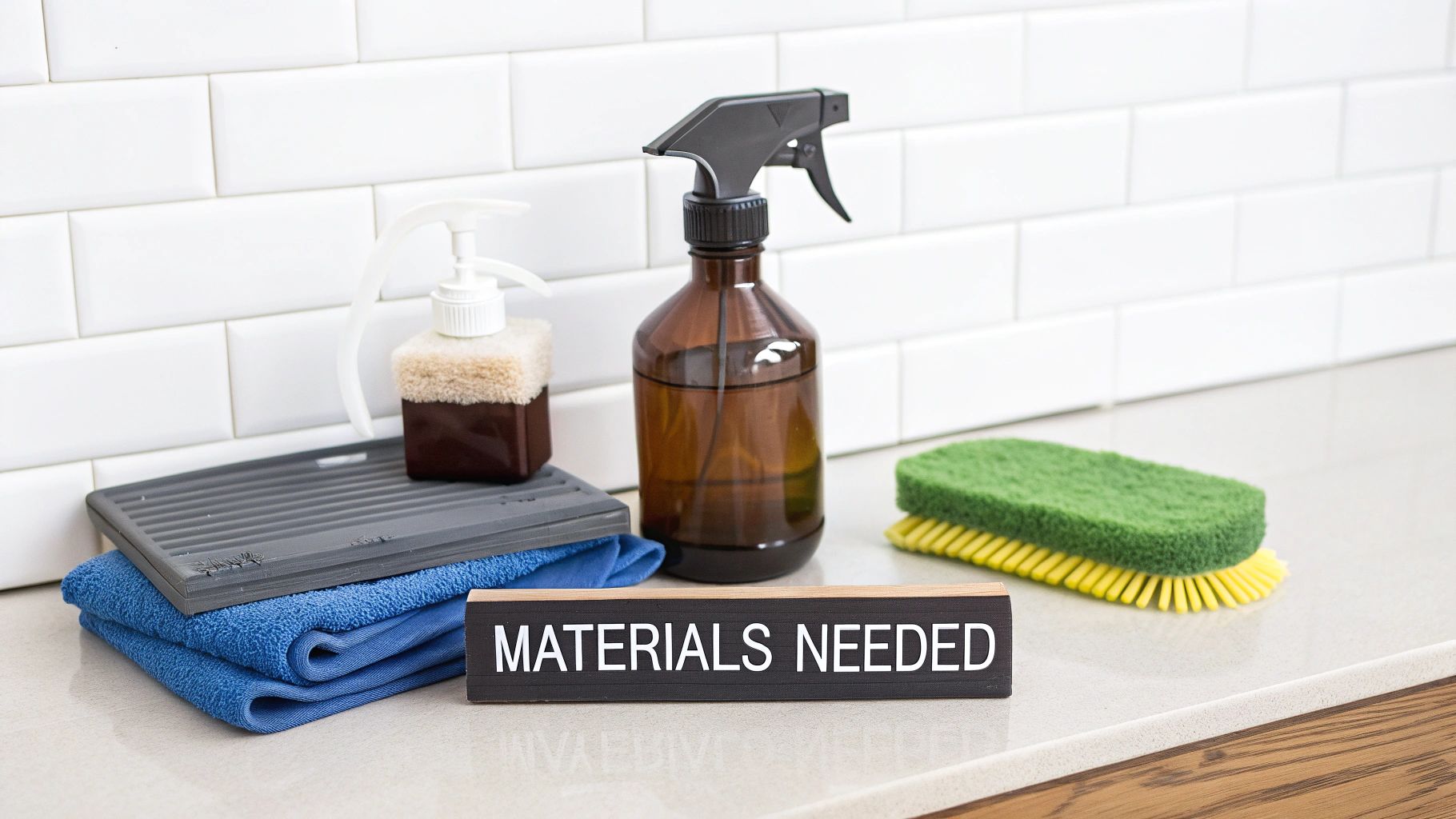 An assortment of natural cleaning supplies including a spray bottle, vinegar, a plastic bag, and a rubber band, neatly arranged on a wooden surface.