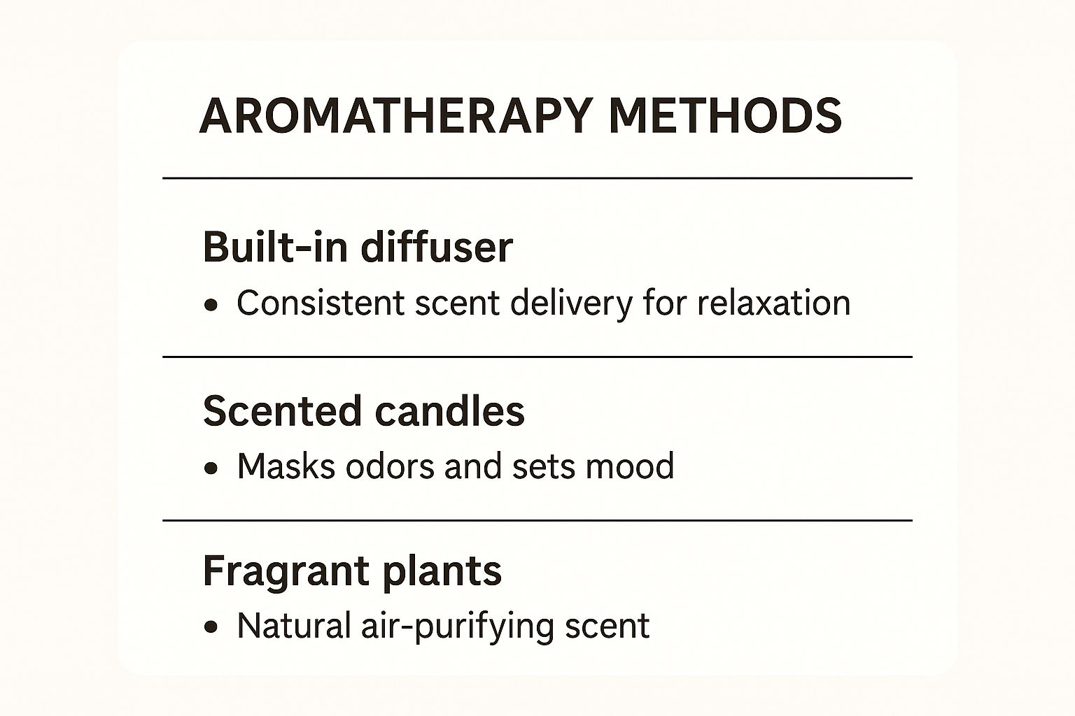 An infographic showing aromatherapy methods like diffusers, candles, and scented bath products, with icons and short descriptions for each.