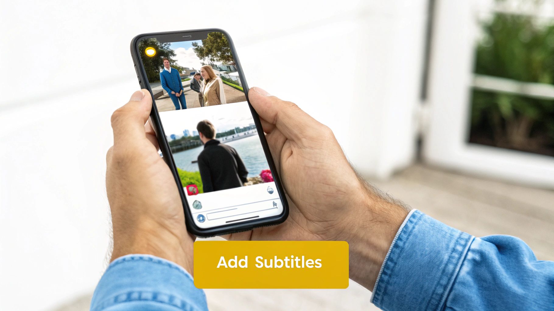 A person holds a smartphone showing video clips, with an 'Add Subtitles' button below.