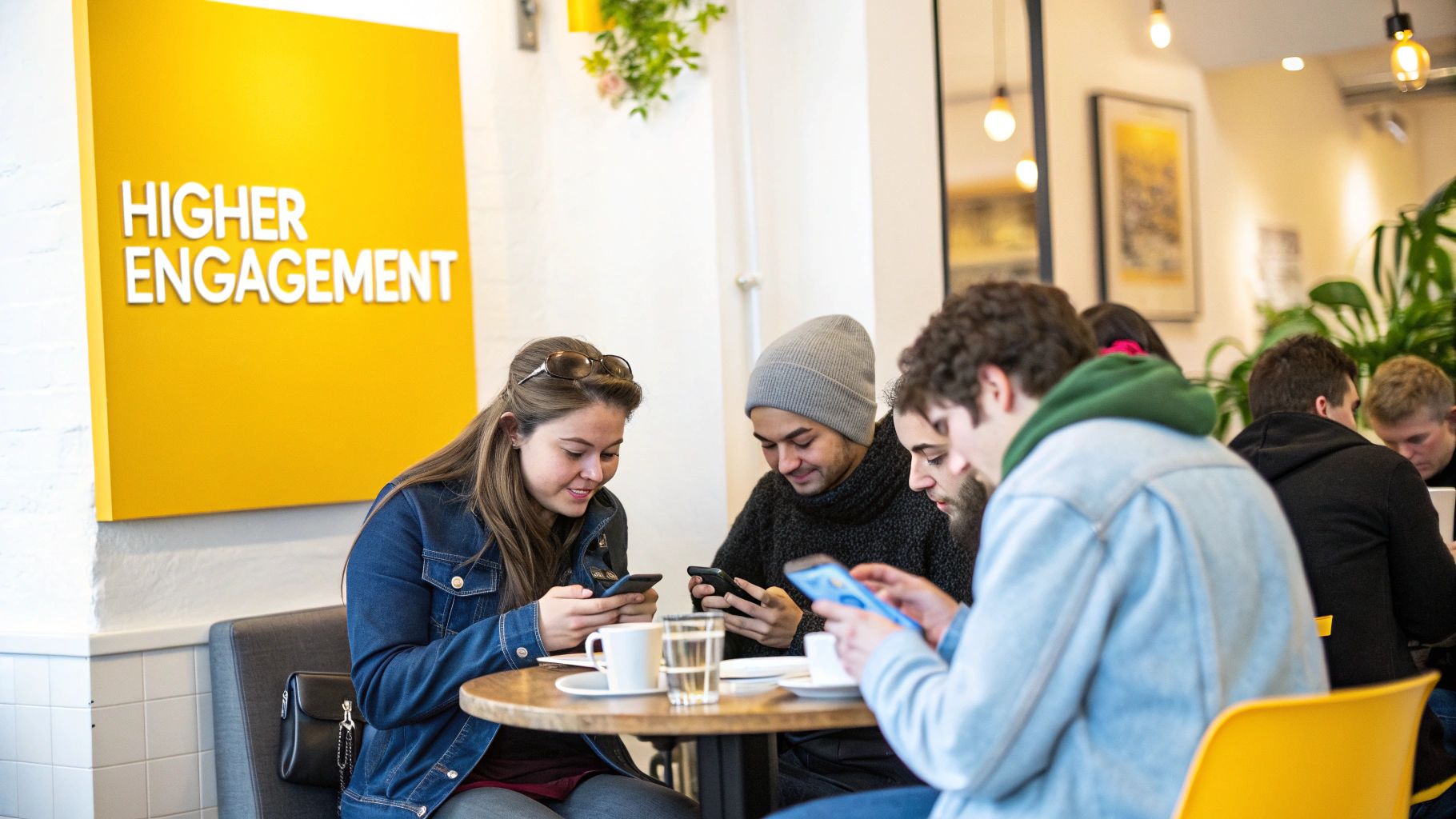 Diverse young adults in a bright cafe, all engrossed in their smartphones, with a 'Higher Engagement' sign.