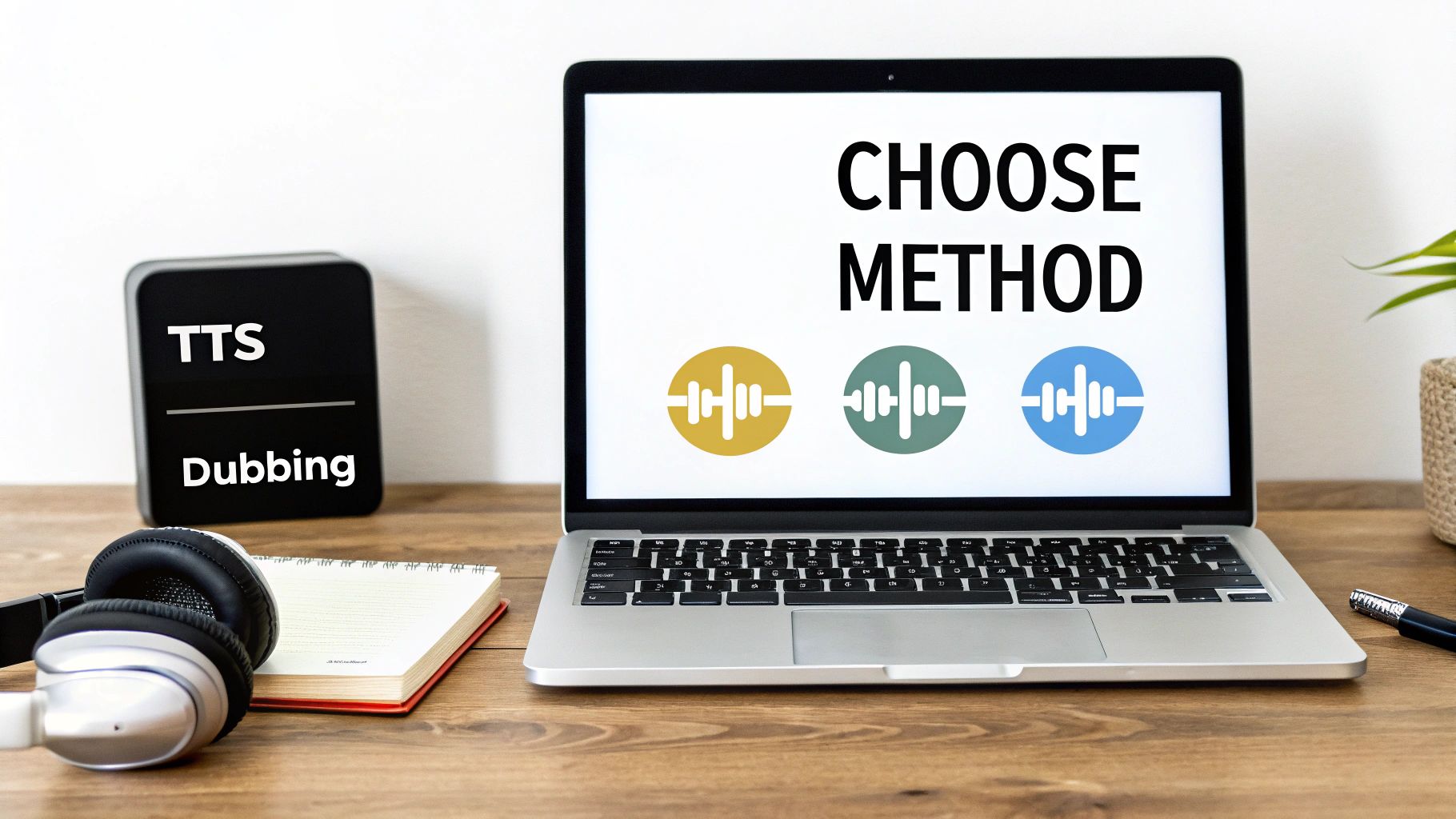 A person editing a script on a laptop with soundwave visuals in the background, representing audio translation preparation.