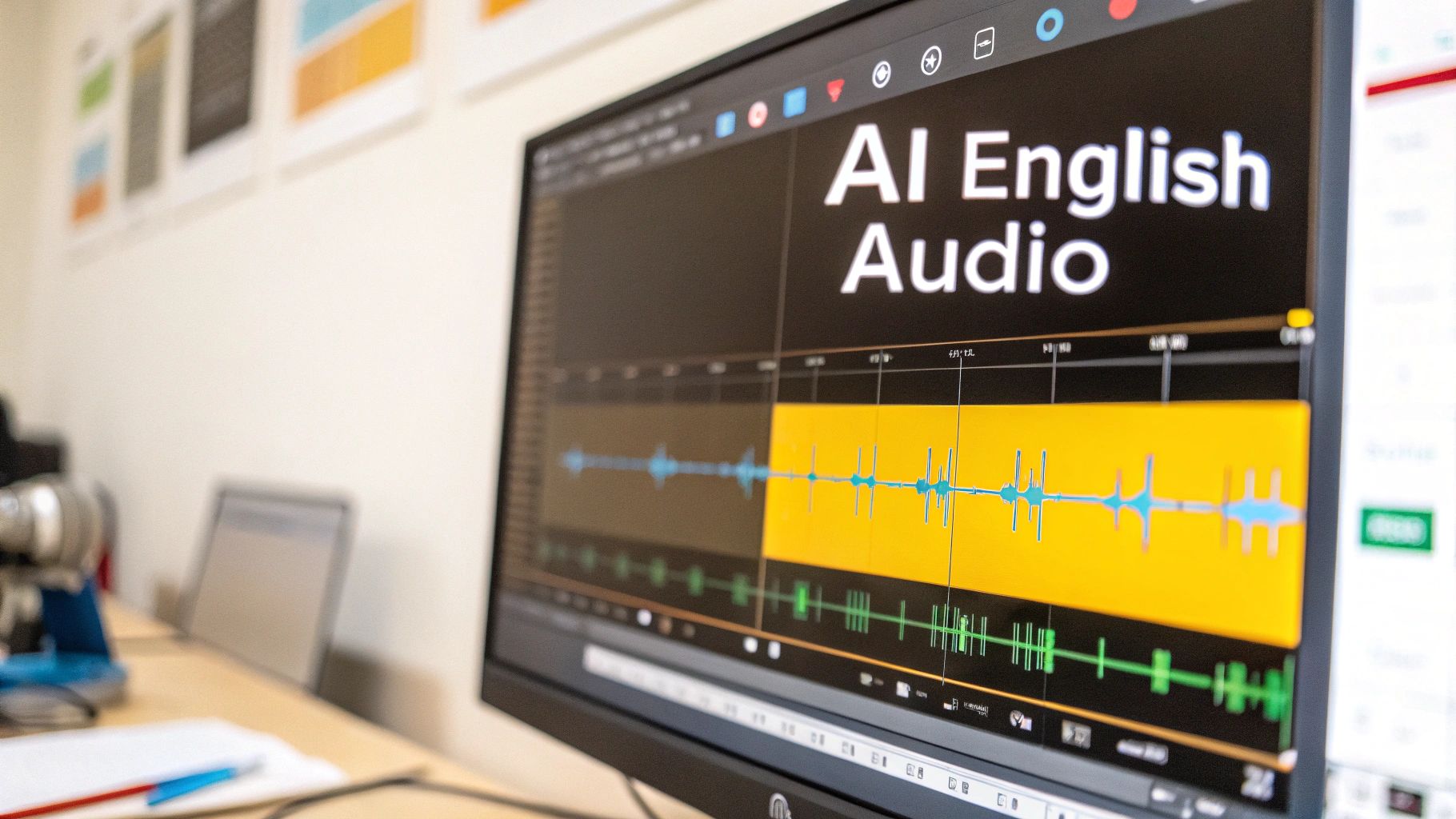 A computer monitor displays "AI English Audio" text and an audio editing software interface with waveforms.