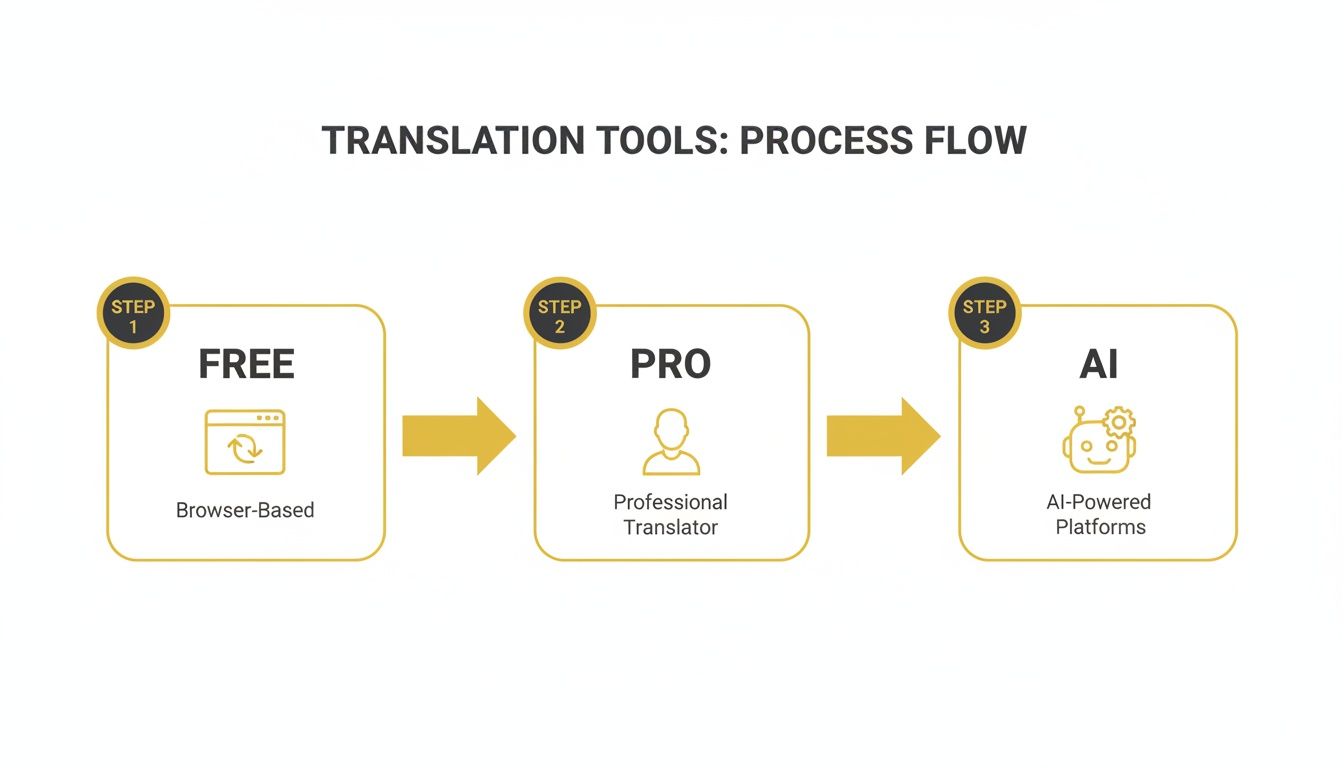 A process flow diagram illustrates three stages of translation tools: Free, Pro, and AI.
