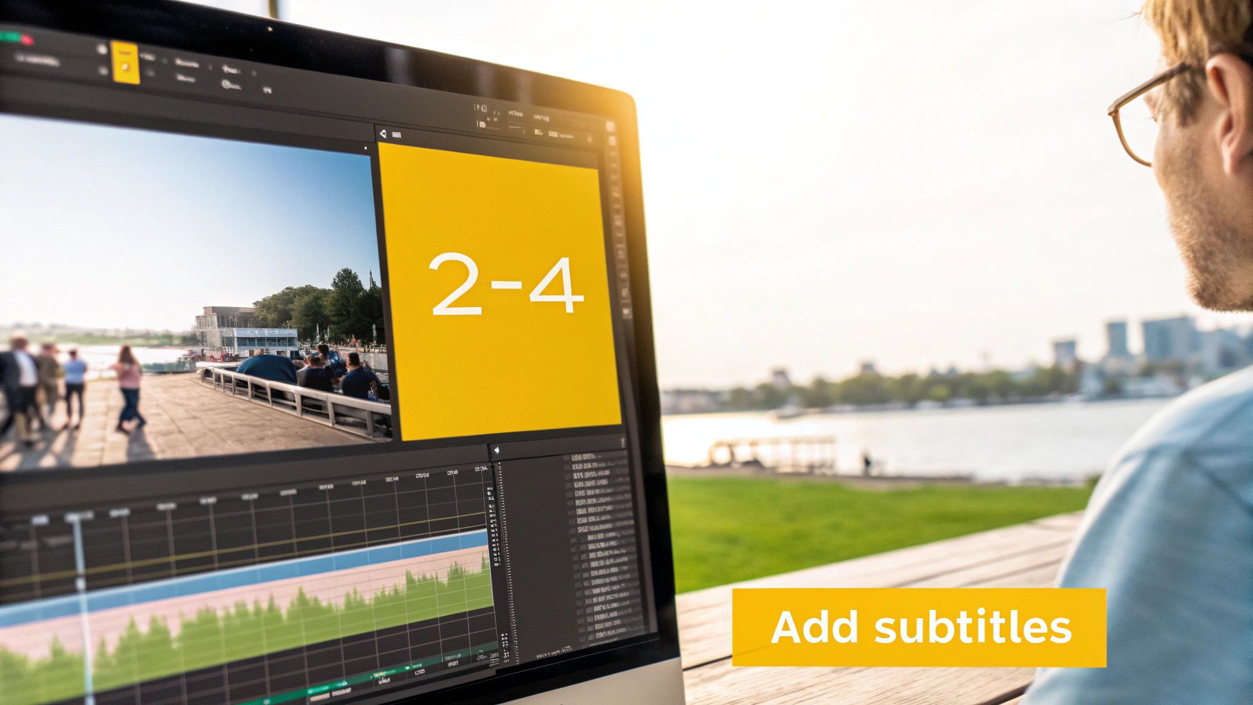 A man in glasses watches a computer screen showing video editing software with an 'Add subtitles' banner.