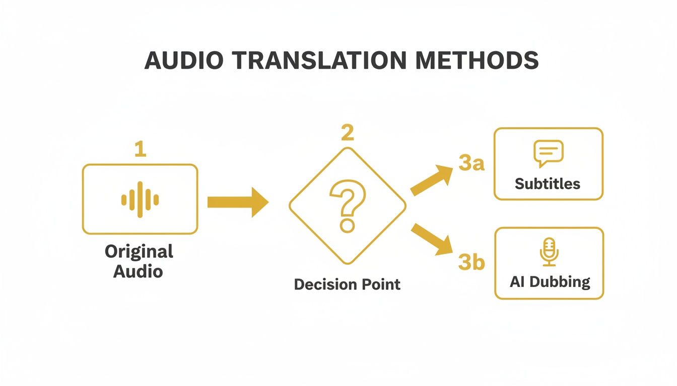 Flowchart illustrating audio translation methods, from original audio to a decision point for subtitles or AI dubbing.