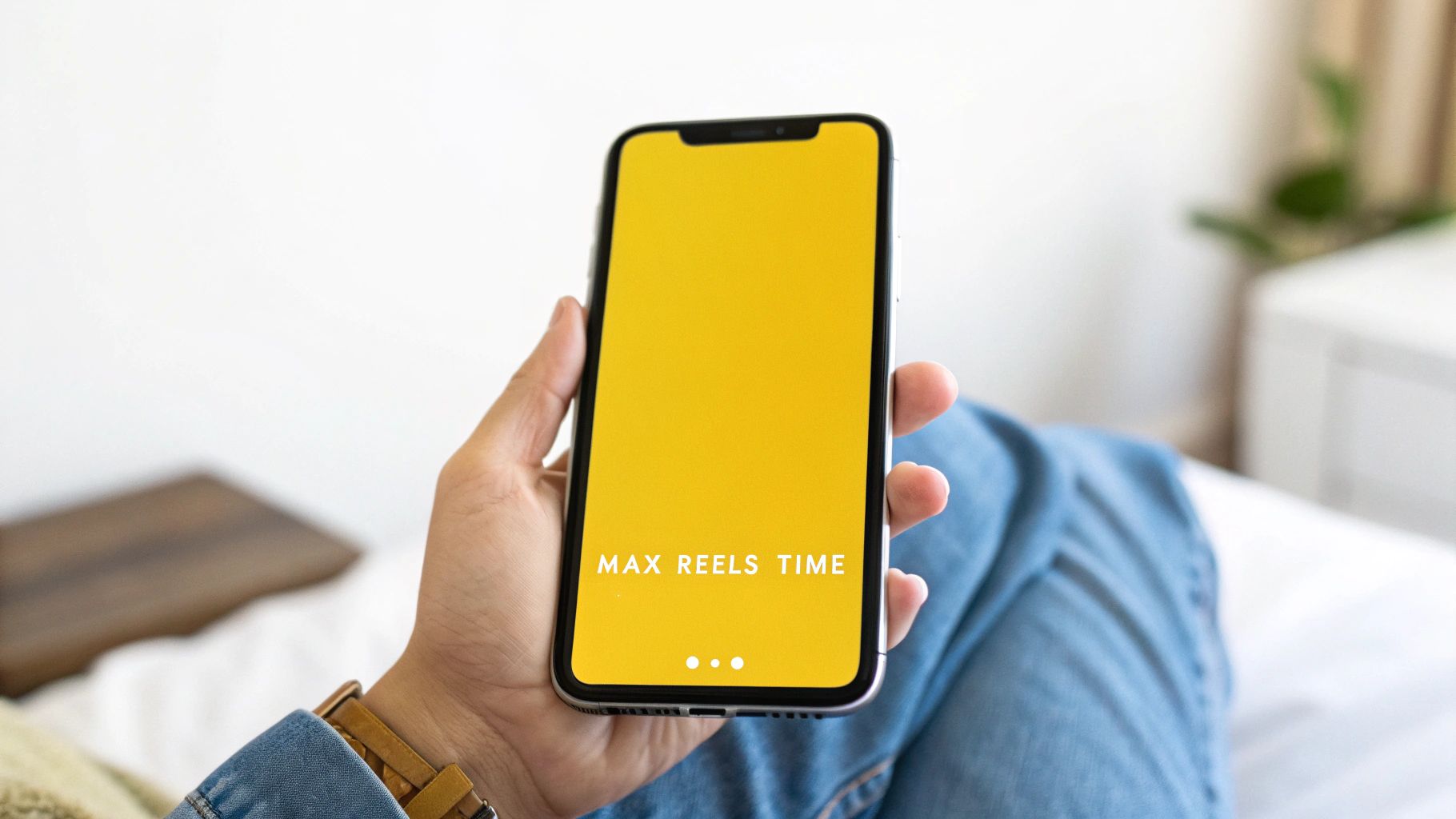 A person holding an iPhone displaying "MAX REELS TIME" text on its yellow screen, indoors.
