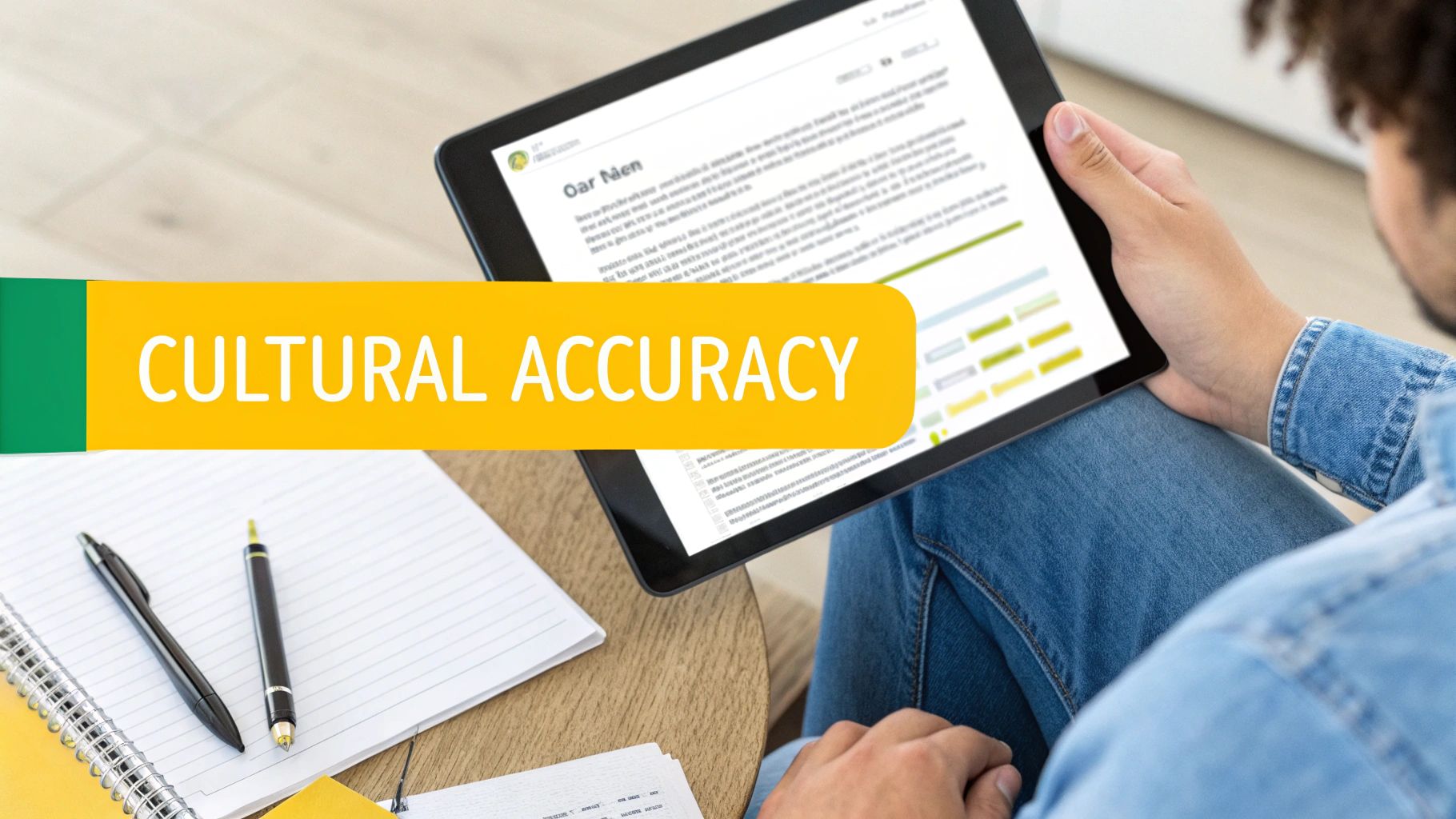 Person reading 'Cultural Accuracy' on a tablet, with a notebook and pens on a table.