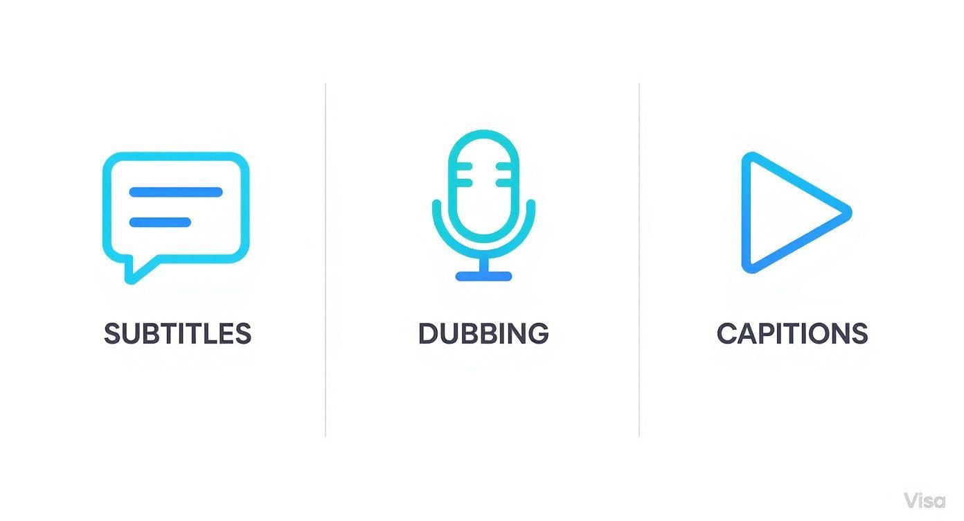 Three icons representing subtitles, dubbing, and captions as audio-visual translation options.