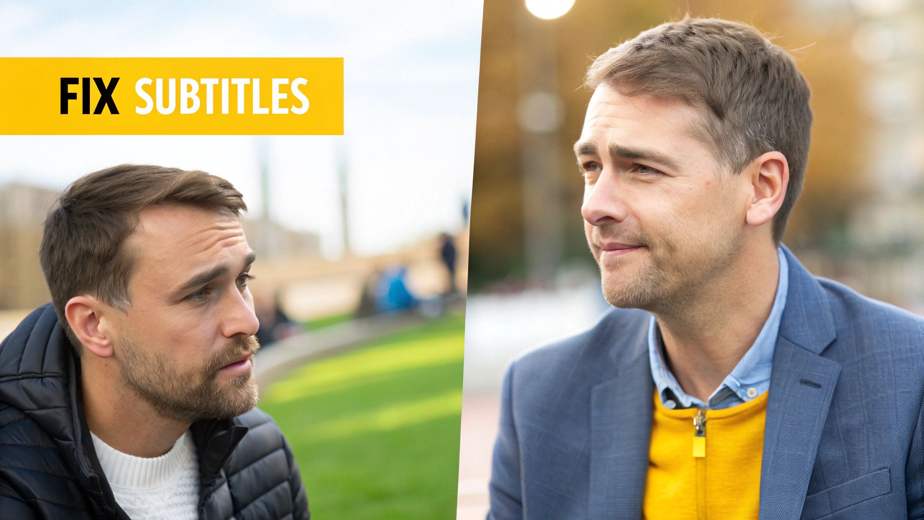 Two images of a man looking in different directions, next to a yellow banner reading 'FIX SUBTITLES'.