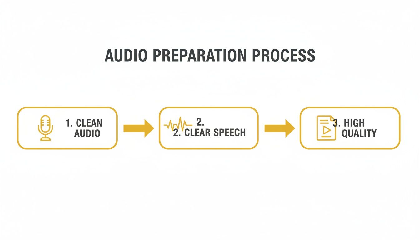 Flowchart illustrating the audio preparation process, including steps for clean audio, clear speech, and high quality.