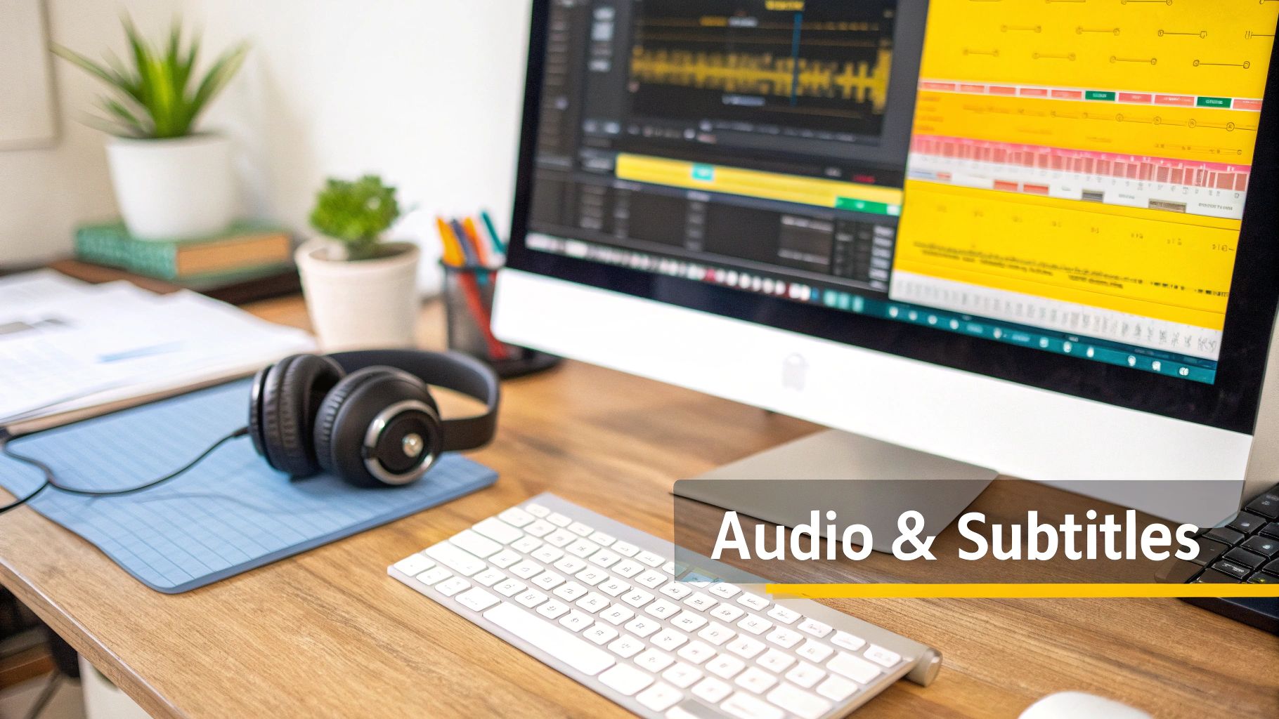 Desk with a computer displaying audio and subtitle editing software, headphones, and a keyboard.