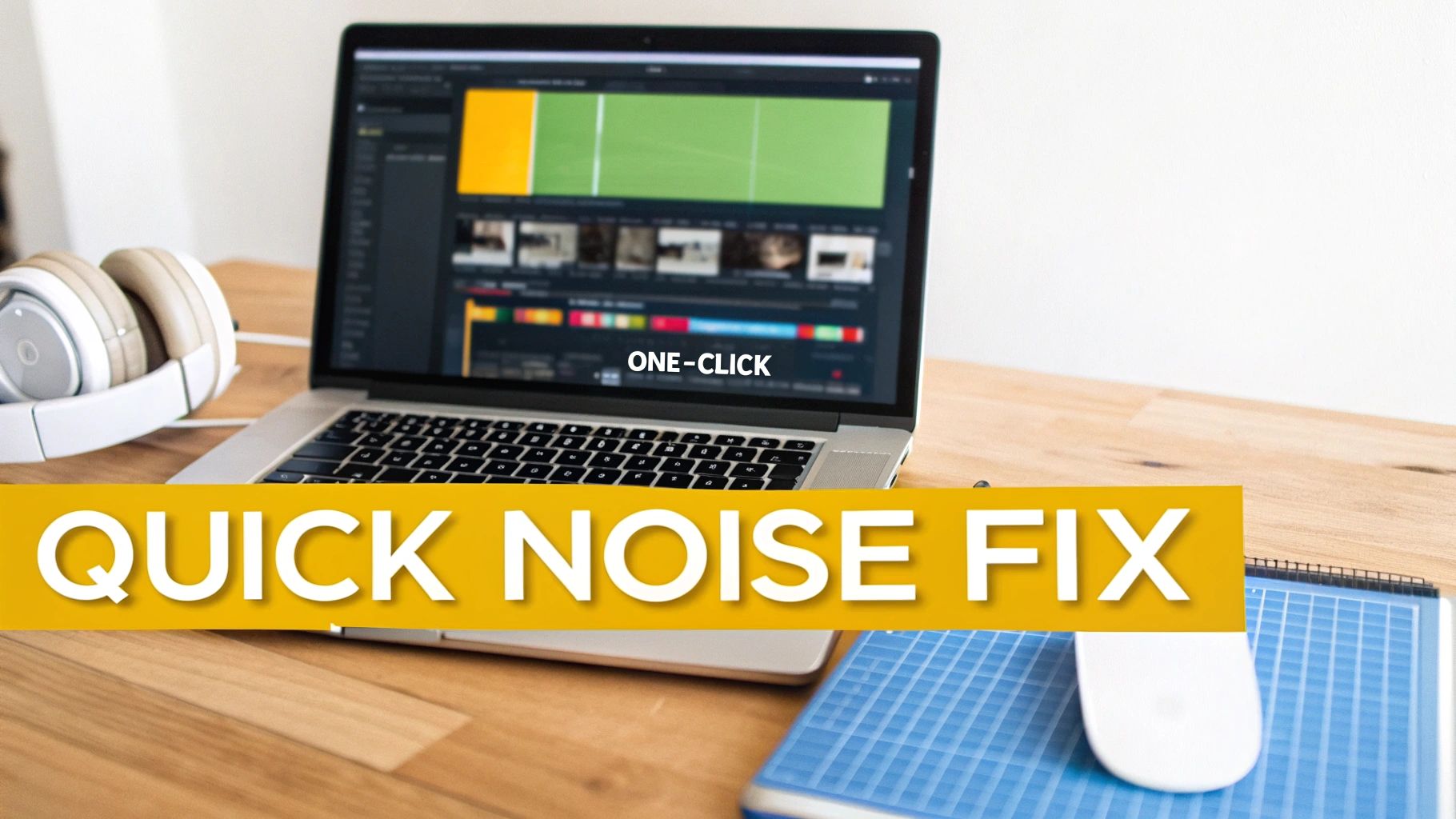 A laptop displaying video editing software, with headphones, and text 'QUICK NOISE FIX' and 'ONE-CLICK'.