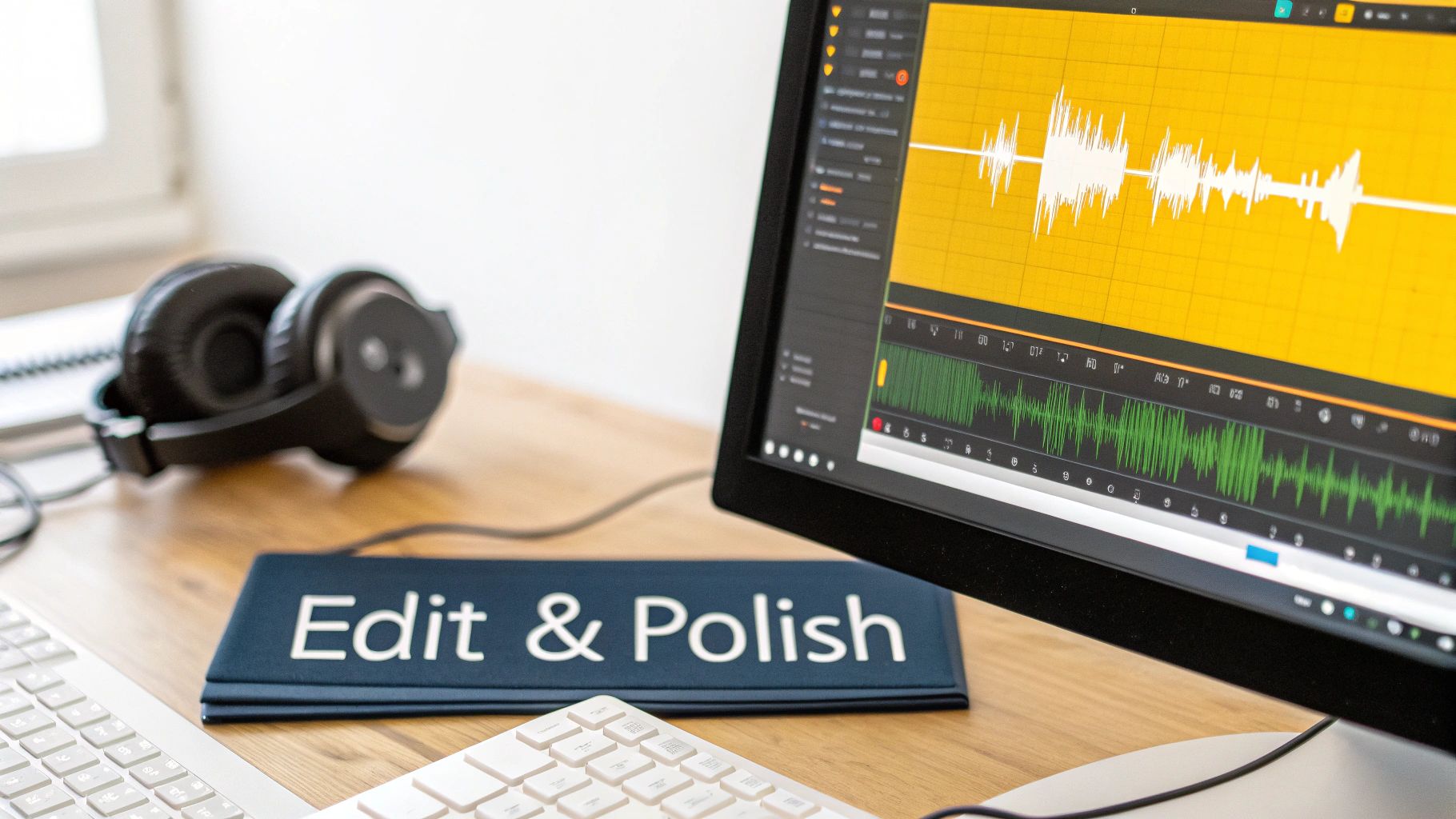 A desk setup with headphones, a computer monitor displaying audio waveforms, and an 'Edit & Polish' sign.