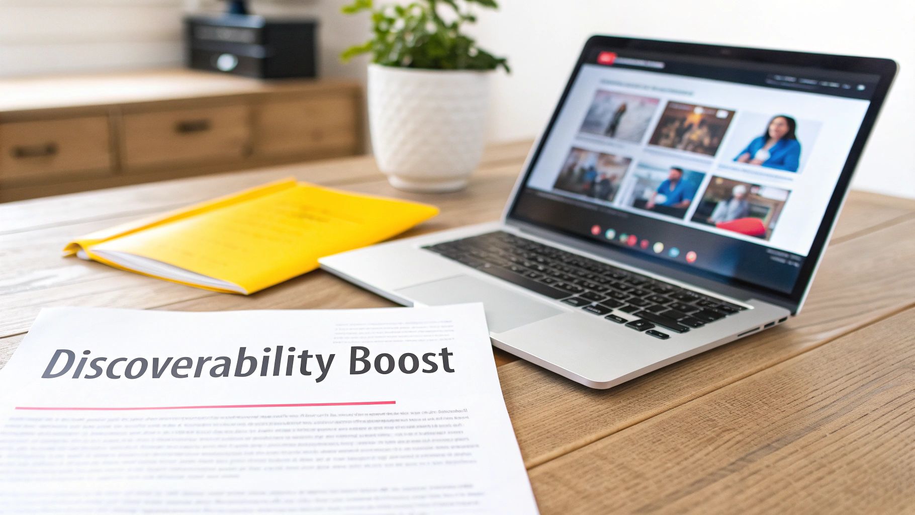 A laptop on a wooden desk displaying a video conference, a document titled 'Discoverability Boost', and a yellow folder.