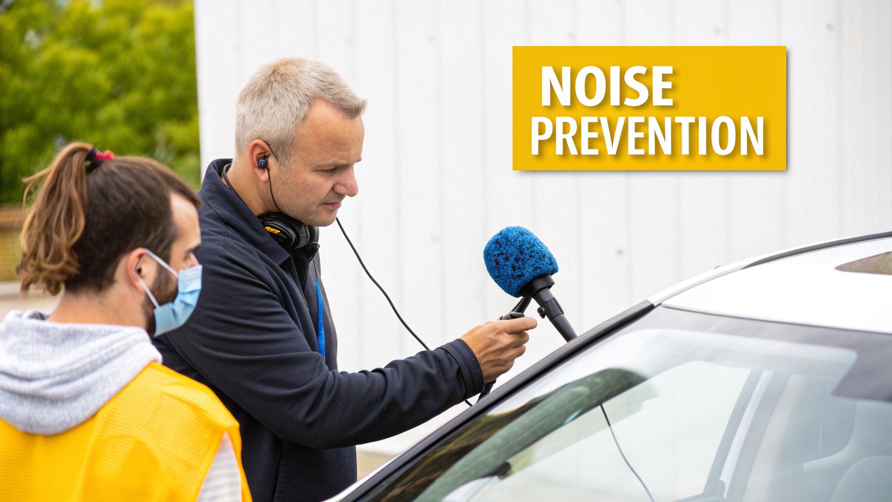 Two men conduct noise testing on a car windshield with a microphone for noise prevention.