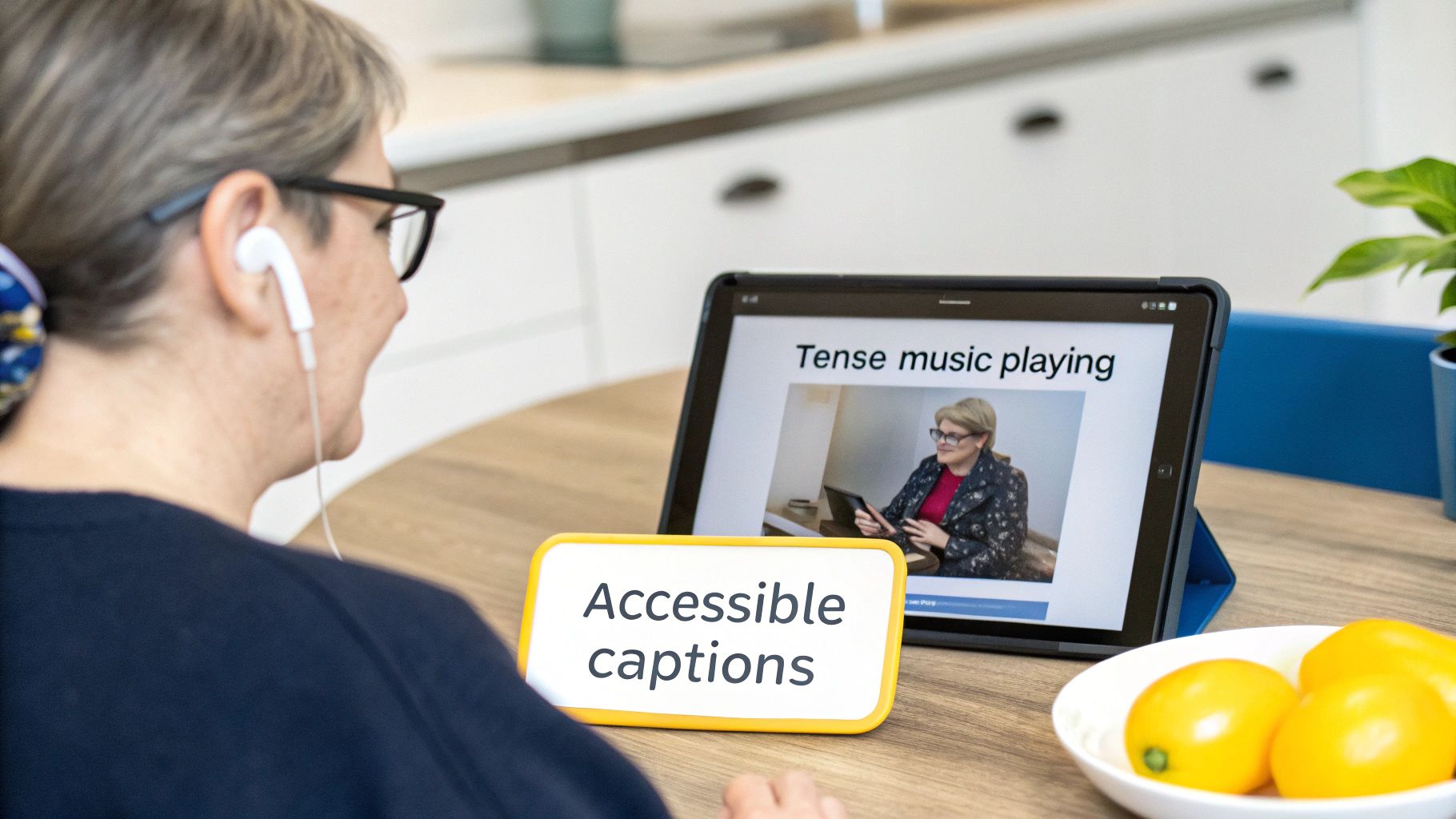 A person with earphones watches a tablet displaying a video with captions and a sign reading 'Accessible captions'.