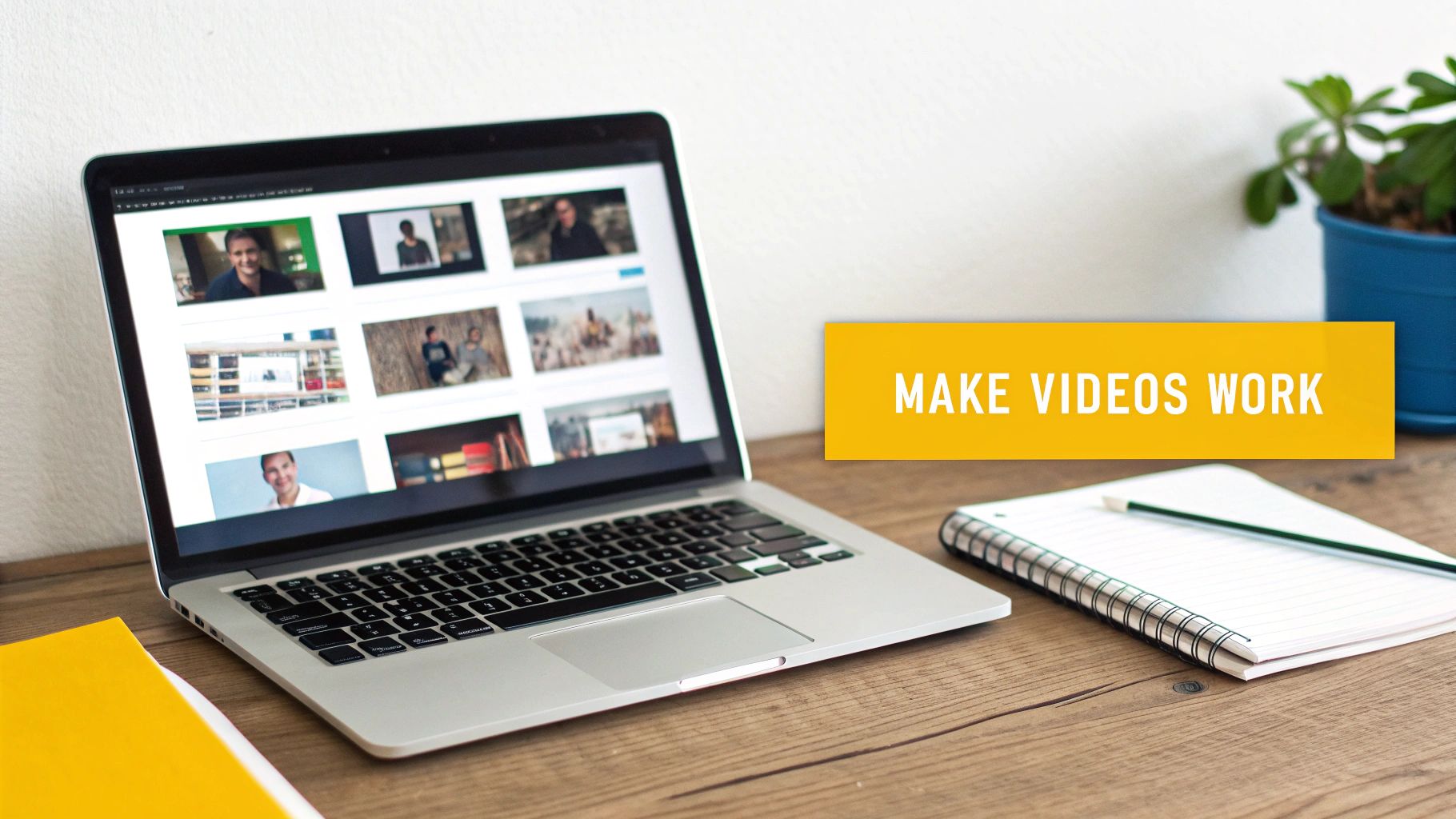 A laptop displaying a grid of video thumbnails on a wooden desk with notebooks and a plant.