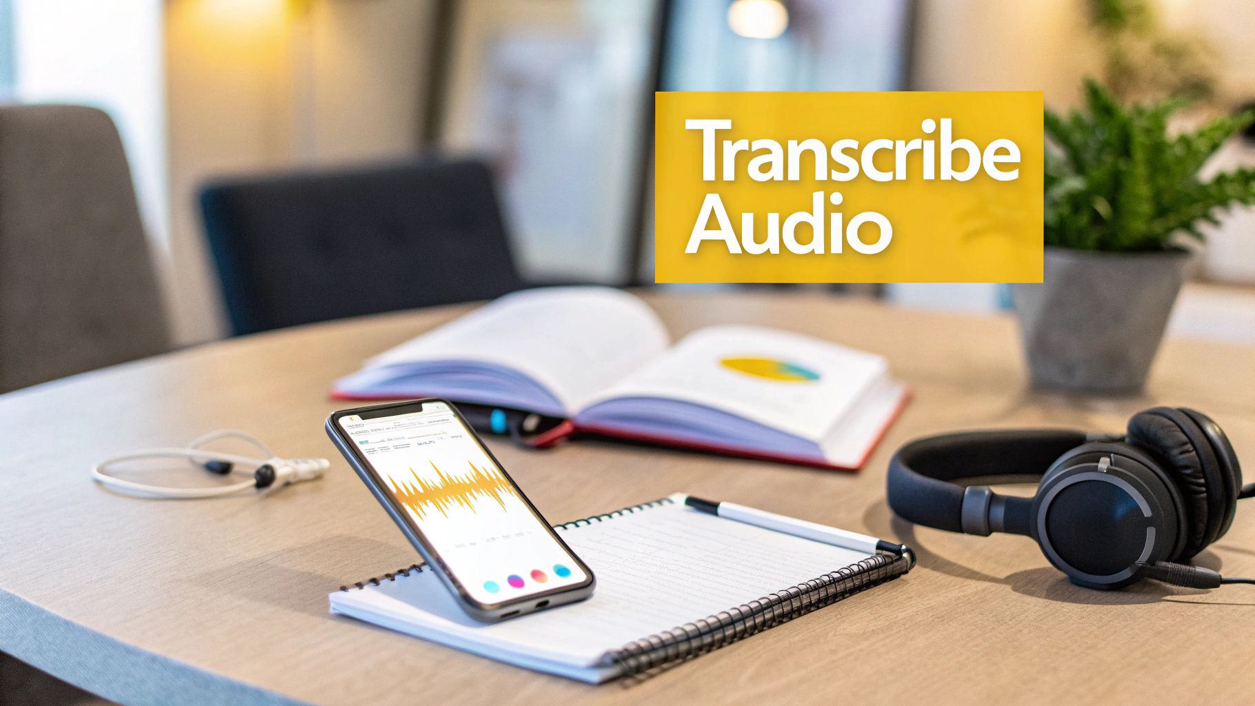 Desk setup with a phone showing audio transcription, headphones, notebook, and 'Transcribe Audio' text.