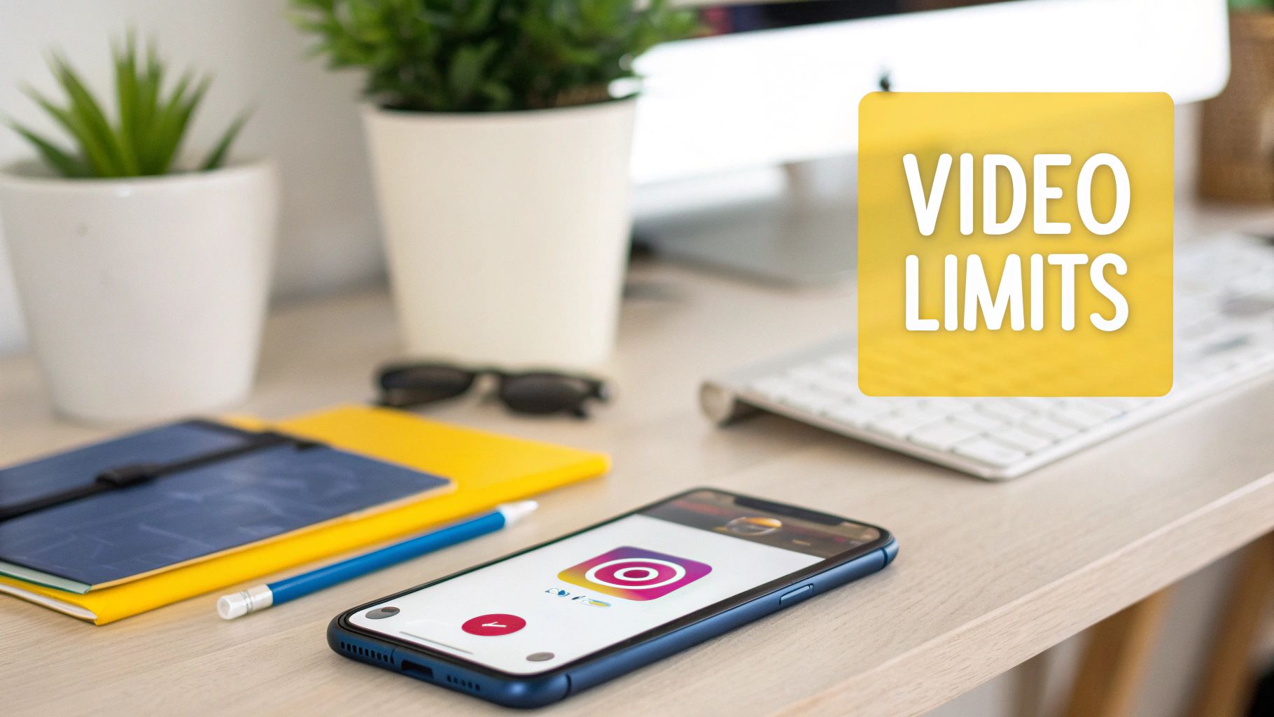 A smartphone on a desk displays the Instagram logo with a 'VIDEO LIMITS' graphic, alongside office items.