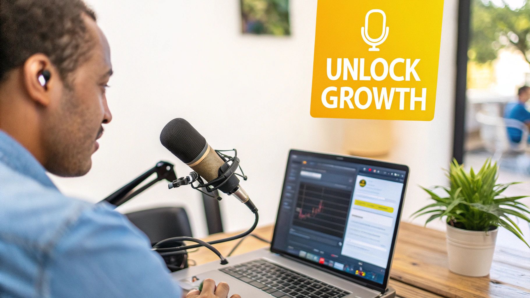 A man recording a podcast with a microphone and laptop, with 'Unlock Growth' text.