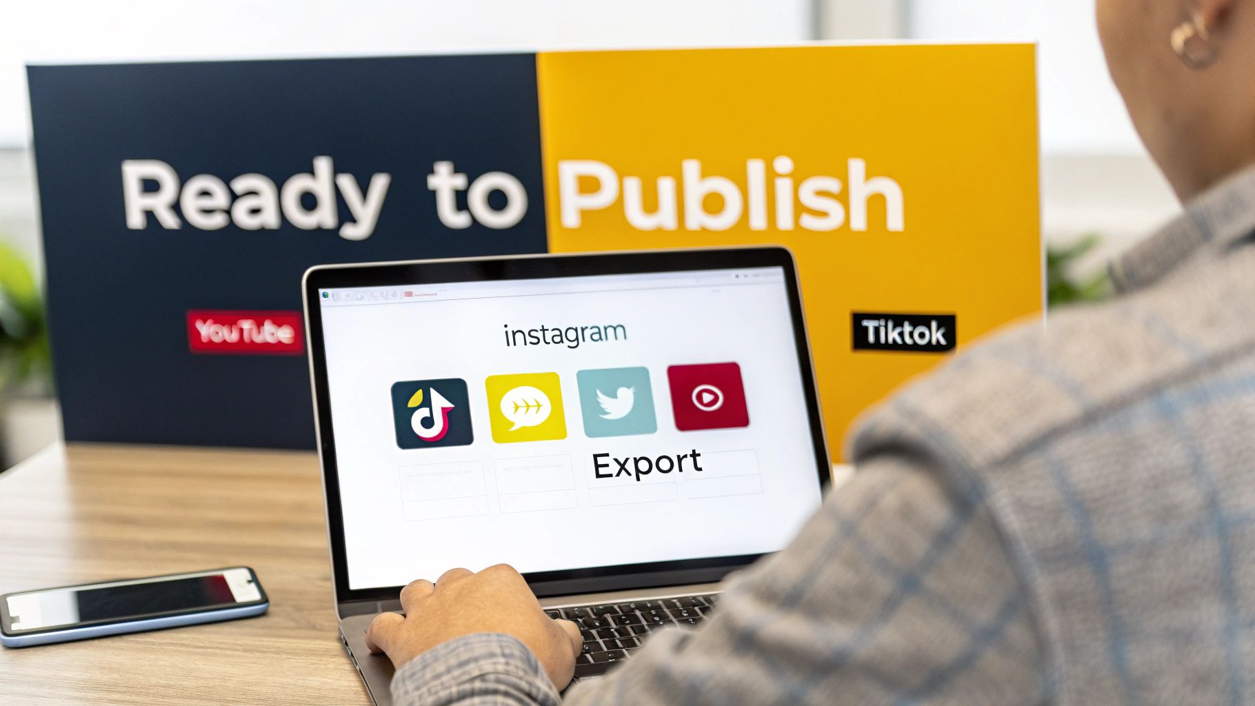 Person exporting content on a laptop to various social media platforms, with 'Ready to Publish' signs.
