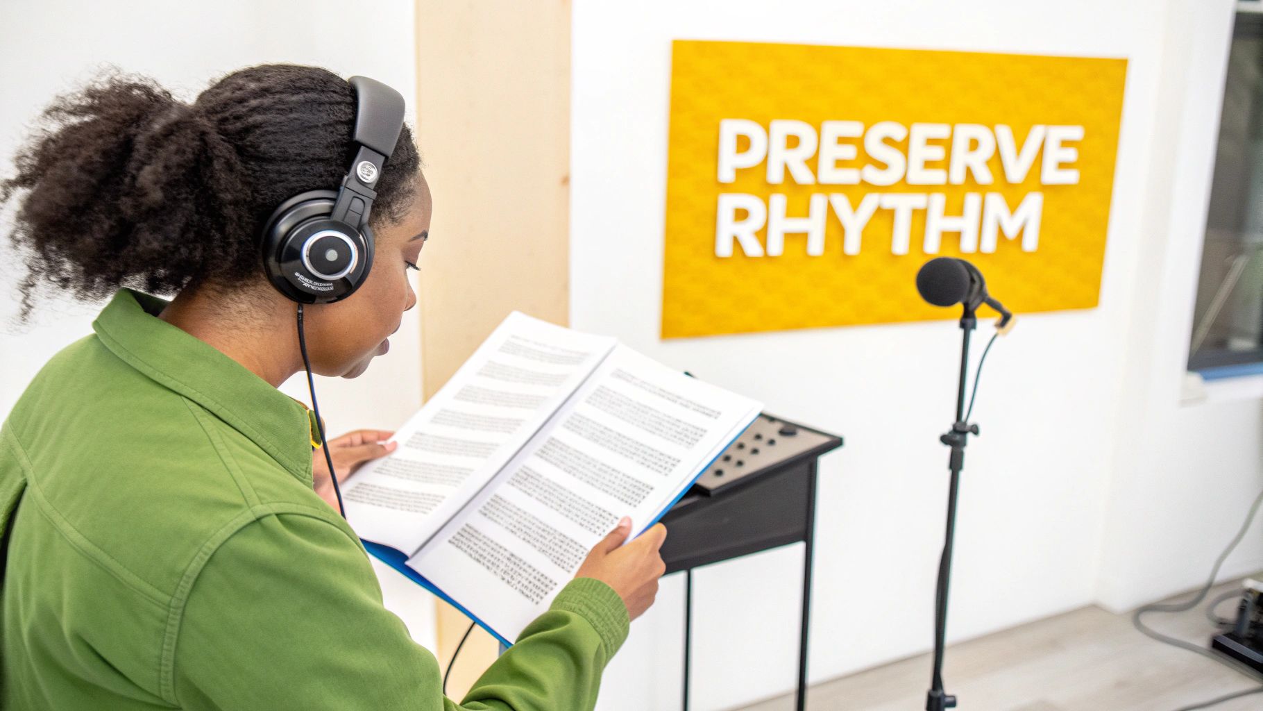 A woman wearing headphones reads a script into a microphone in a recording studio.