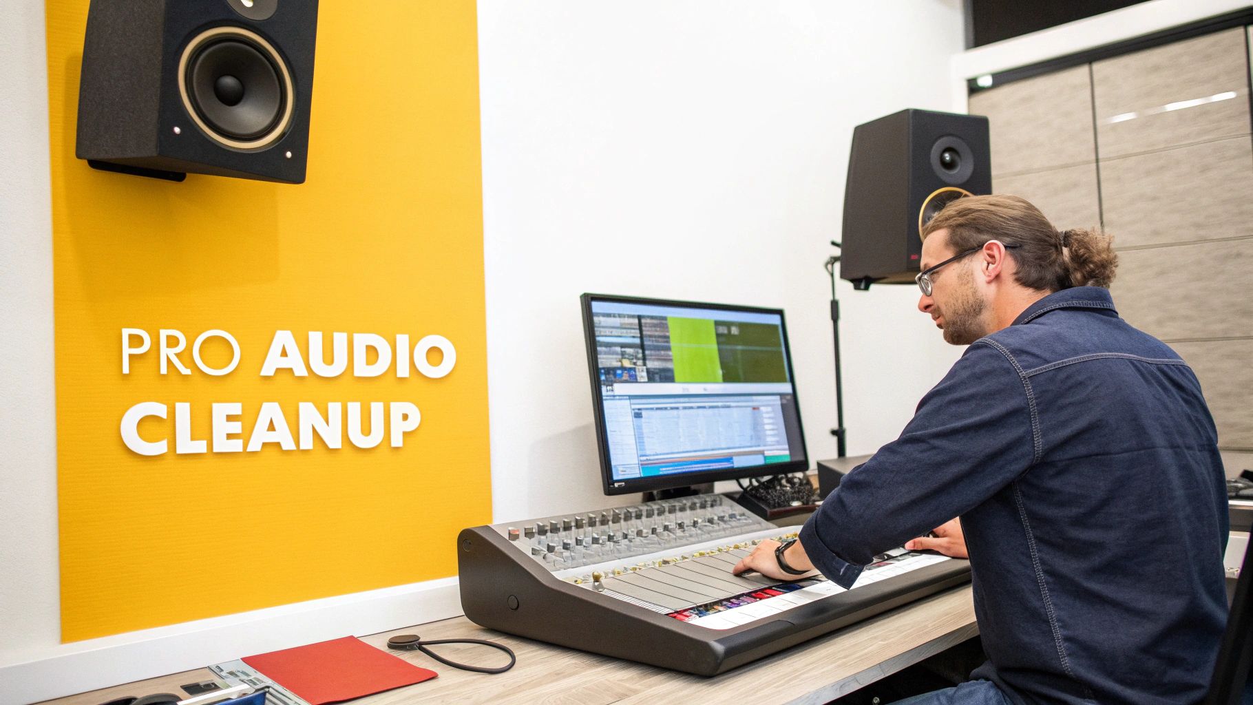 A man in a denim shirt mixing audio on a professional console in a studio with speakers.