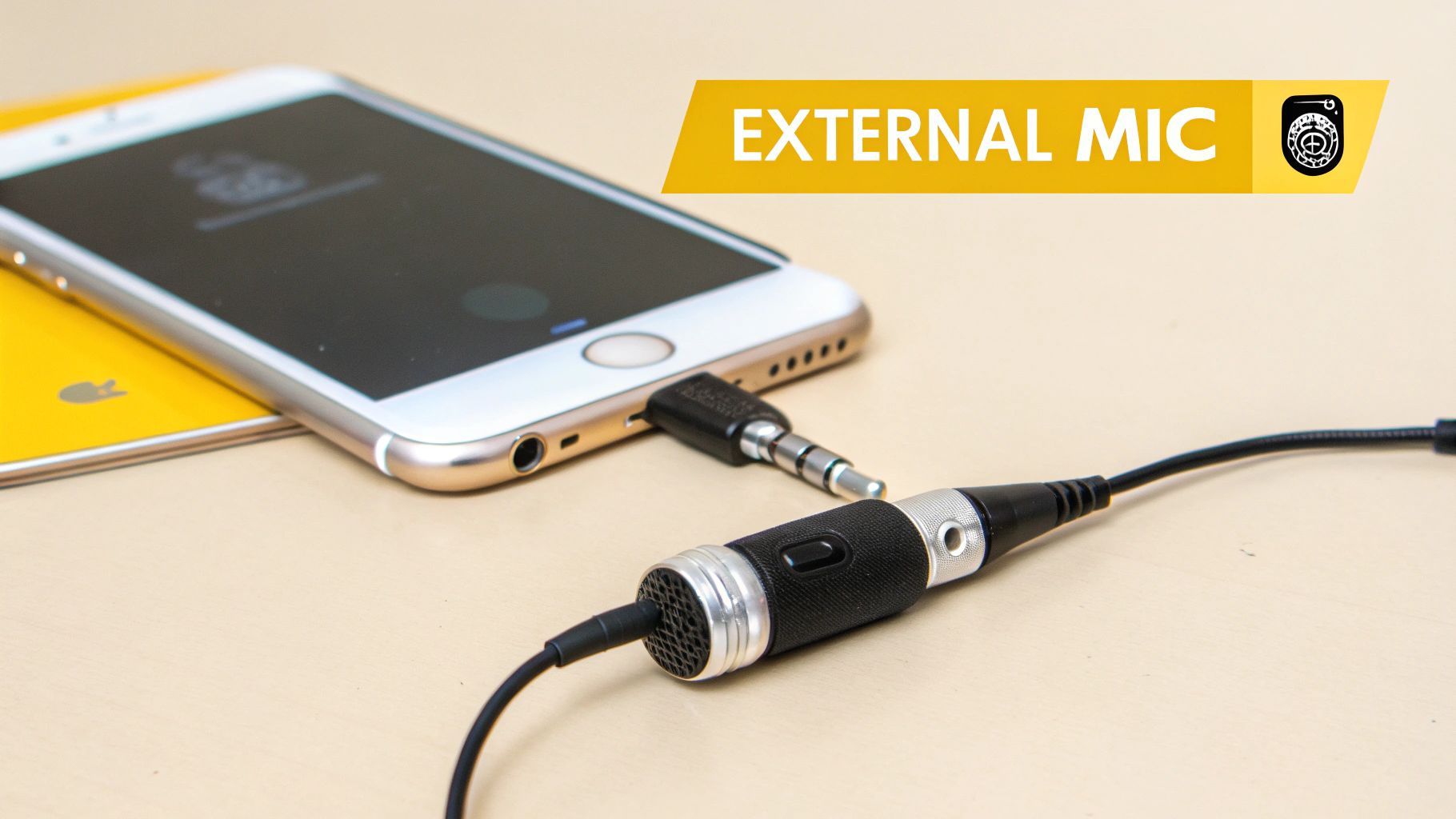 An iPhone 6 is connected to a small external microphone via its headphone jack.