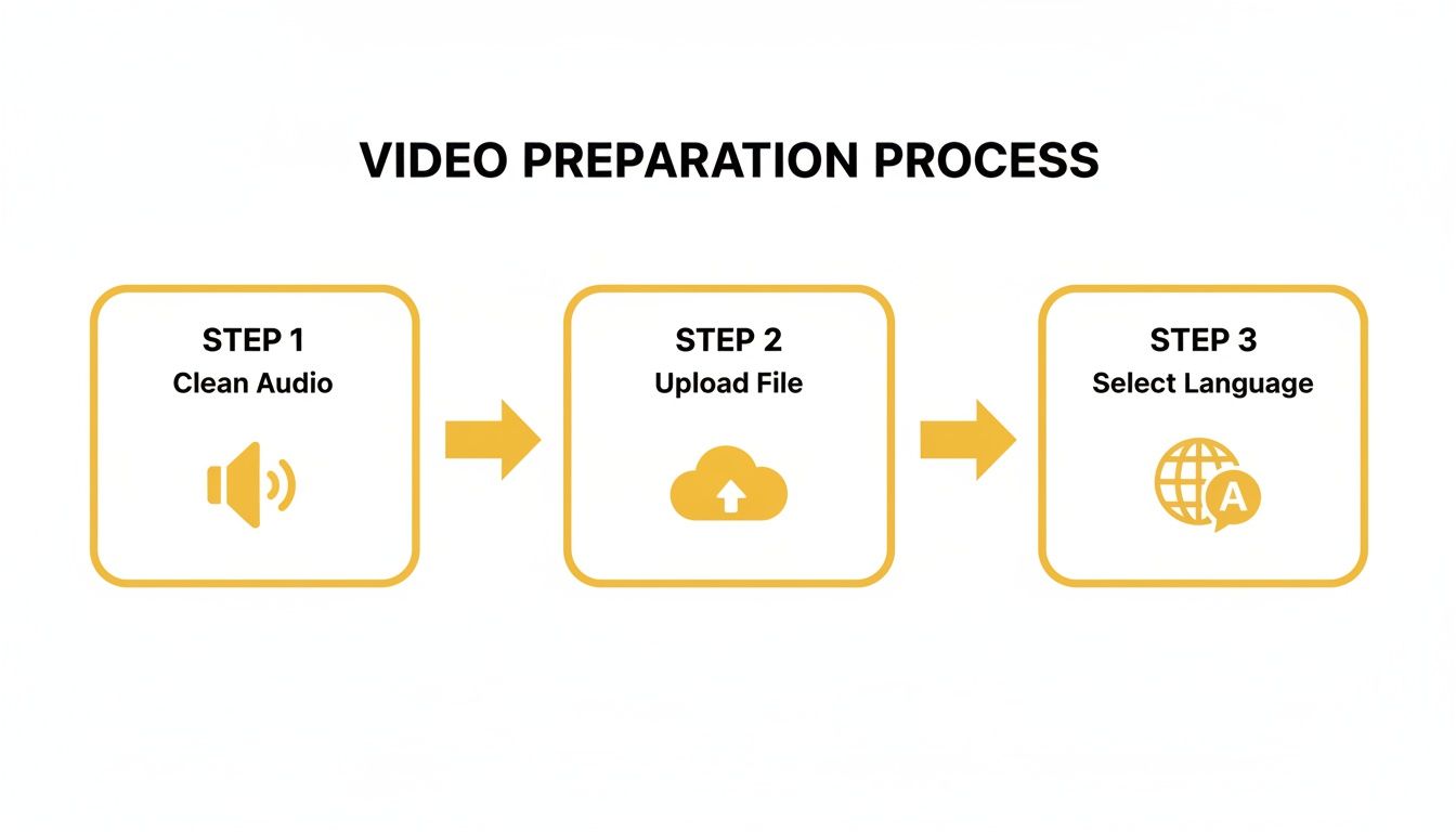A diagram outlining a video preparation process with three steps: clean audio, upload file, and select language.