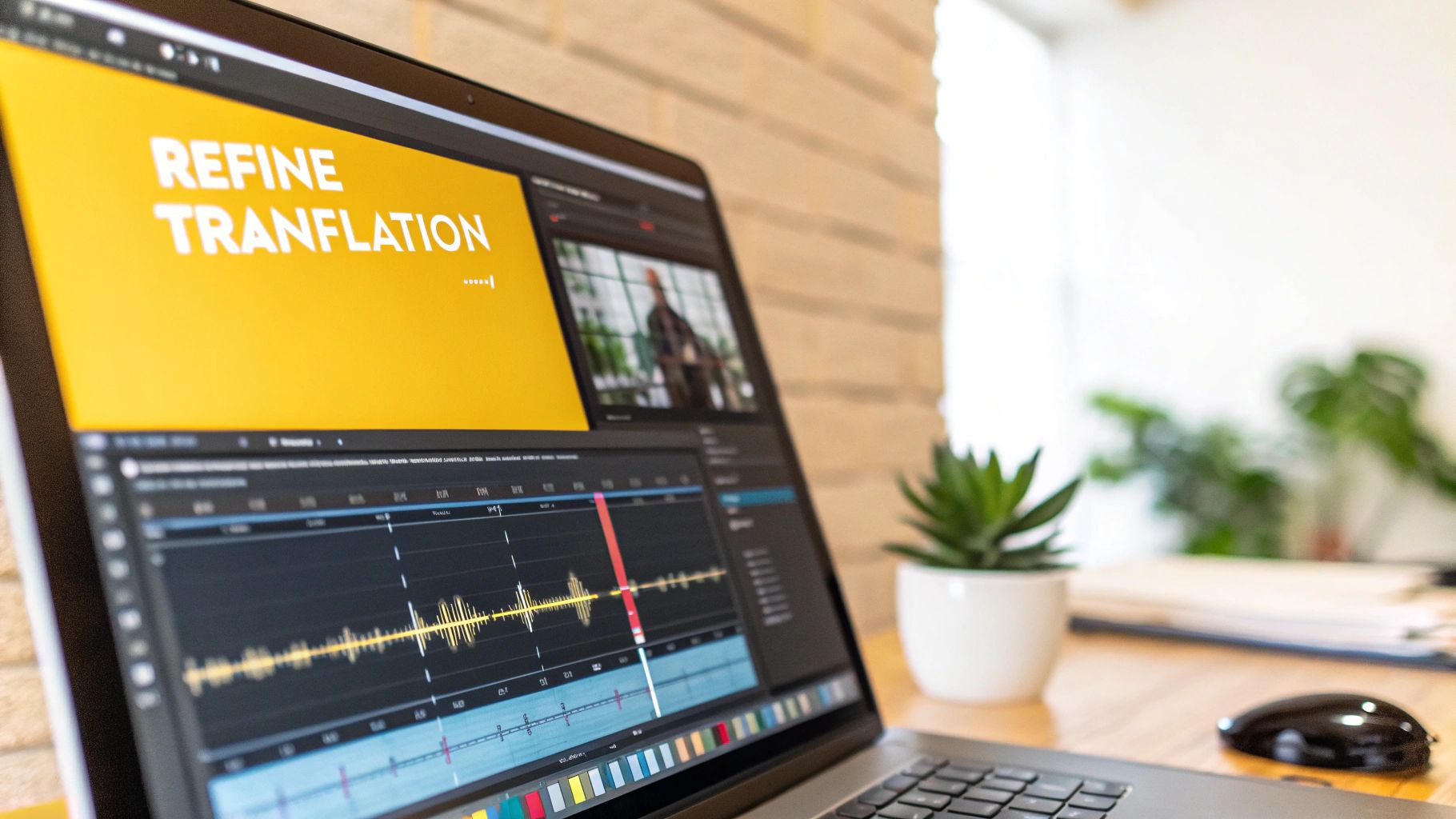 A laptop screen displays video editing software with 'Refine Tranflation' text and audio waveforms.