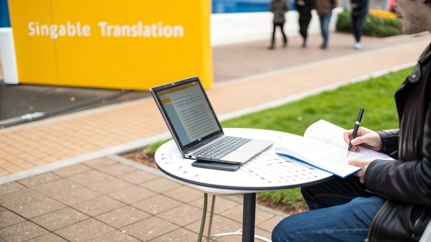 A person writes in a notebook at an outdoor table with a laptop, near a "Singable Translation" sign.
