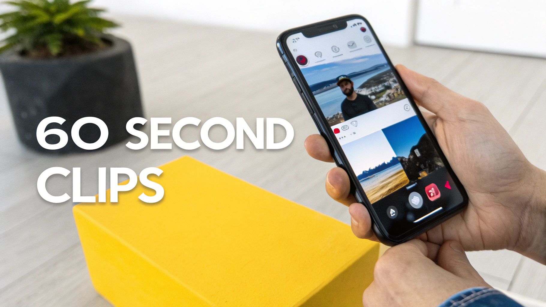 Person holding smartphone displaying Instagram Reels interface with 60 second clips text overlay on screen